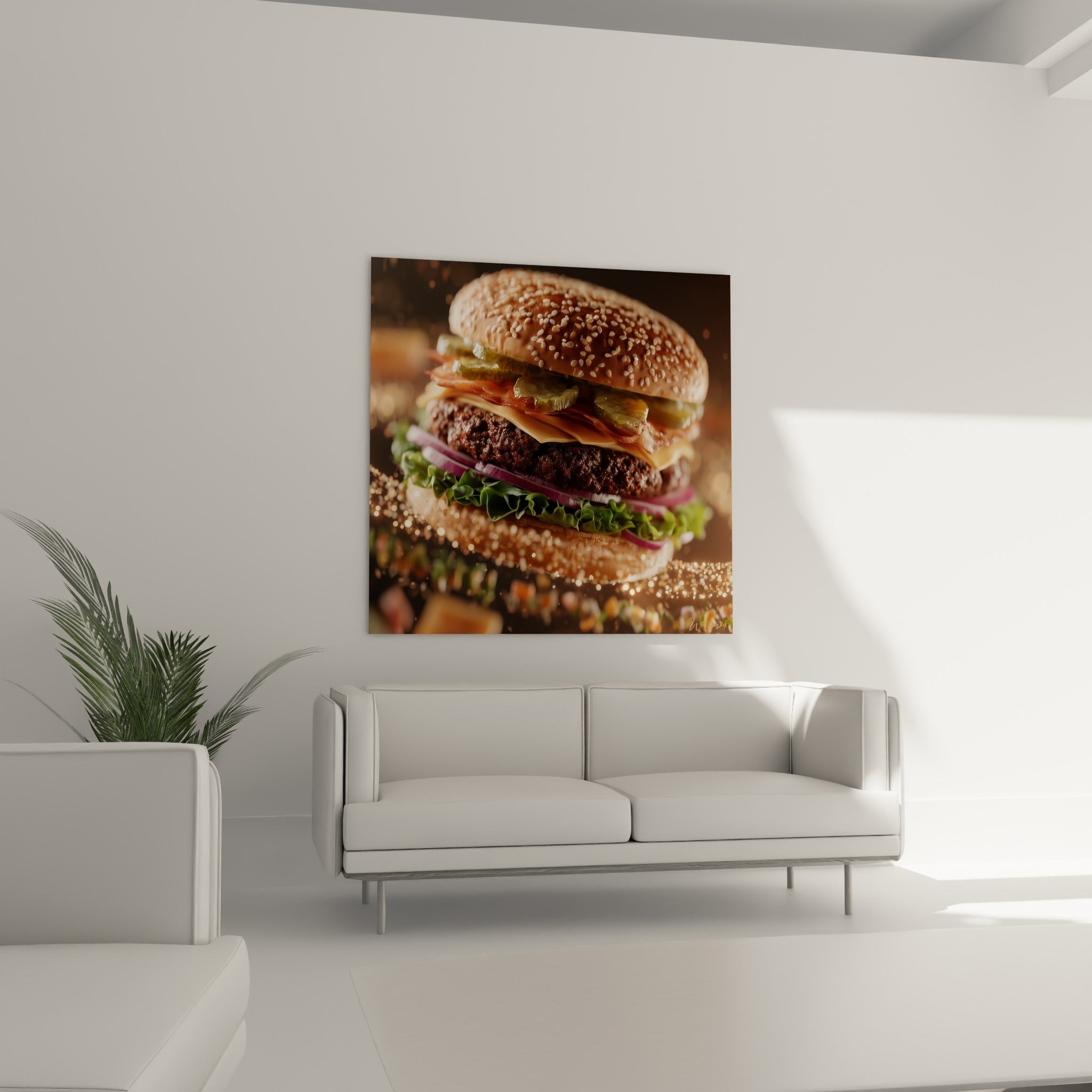 Burger fromage fondant orangé et laitue verte disposé au-dessus d'un canapé dans un salon lumineux
