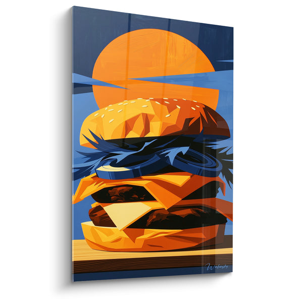 Cuadro Dorado y azul con disco solar geométrico - Aros de cebollas estilizados - Edición Burger