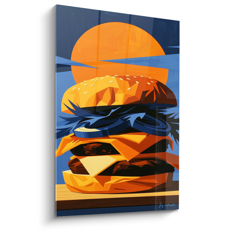 Tableau Doré et bleu au disque solaire géométrique - Anneaux d'oignons stylisés - Edition Burger