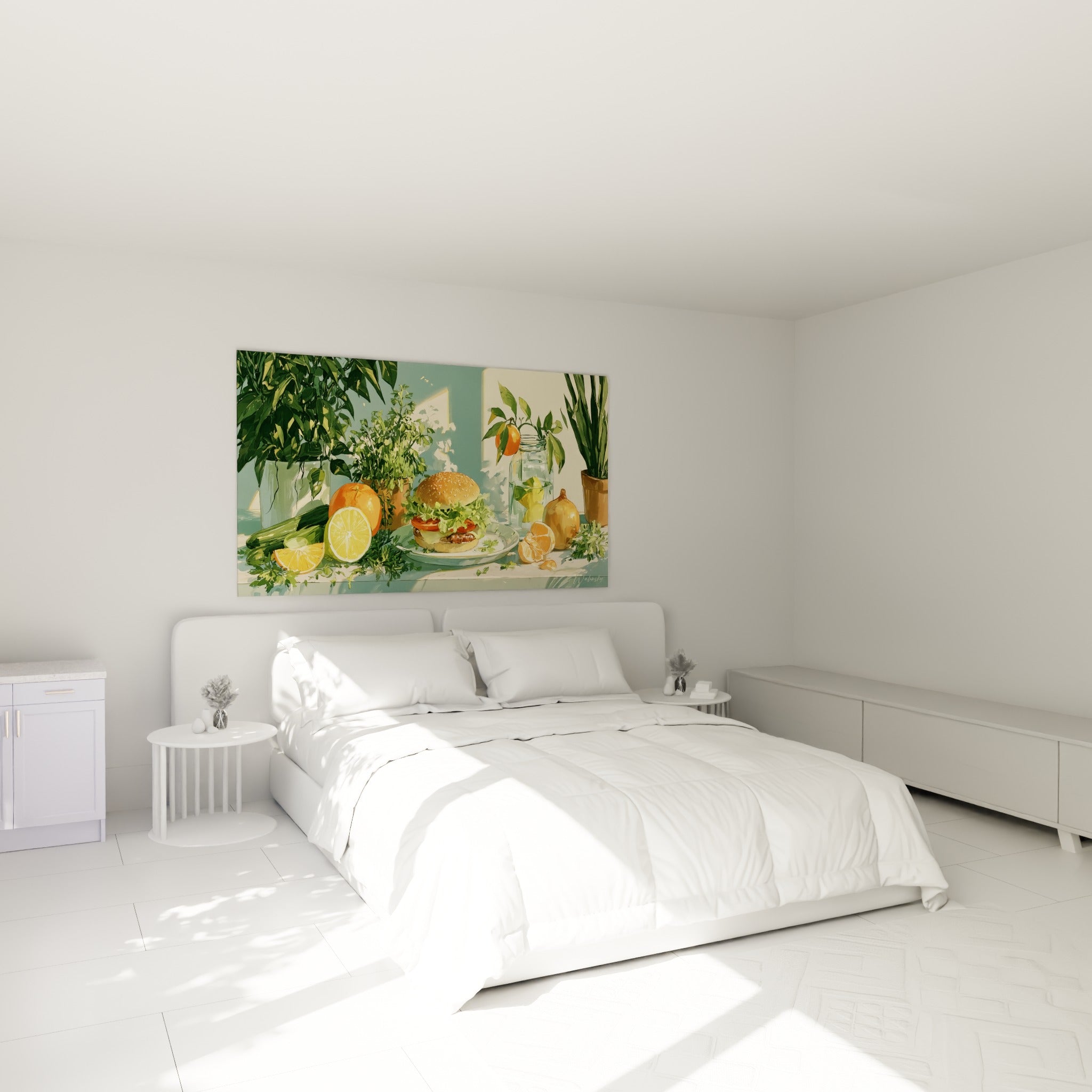 Composition gourmande orange et verte au-dessus d'un lit dans une chambre claire