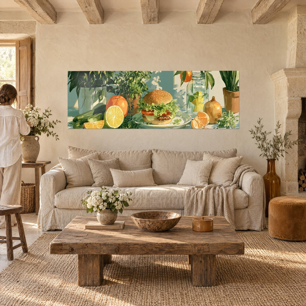 Tableau hamburger au sésame sur assiette, courgettes vertes et orange éclatée, au-dessus d'un canapé dans un salon lumineux