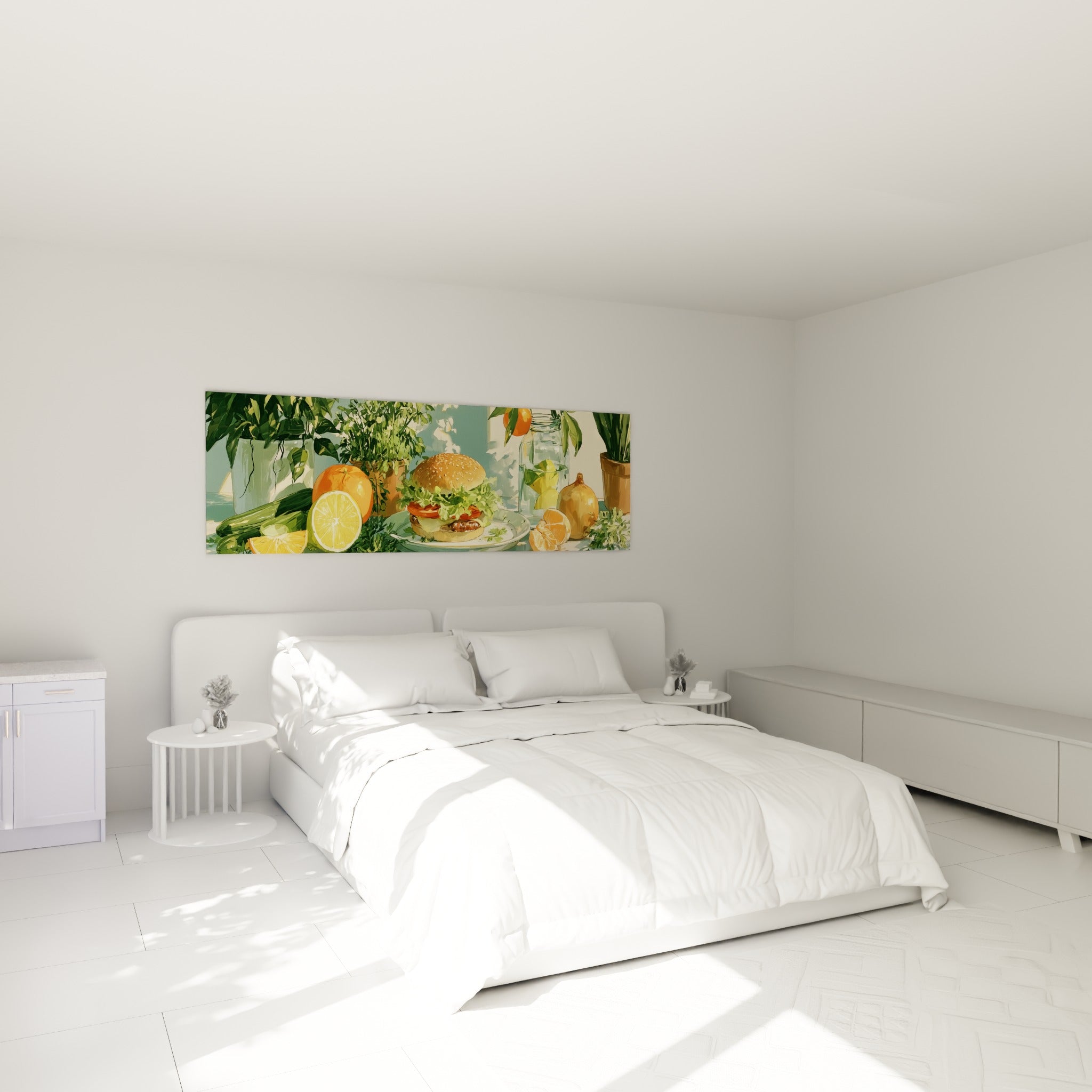 Composition gourmande aux tons orange et vert sauge au-dessus d'un lit dans une chambre claire