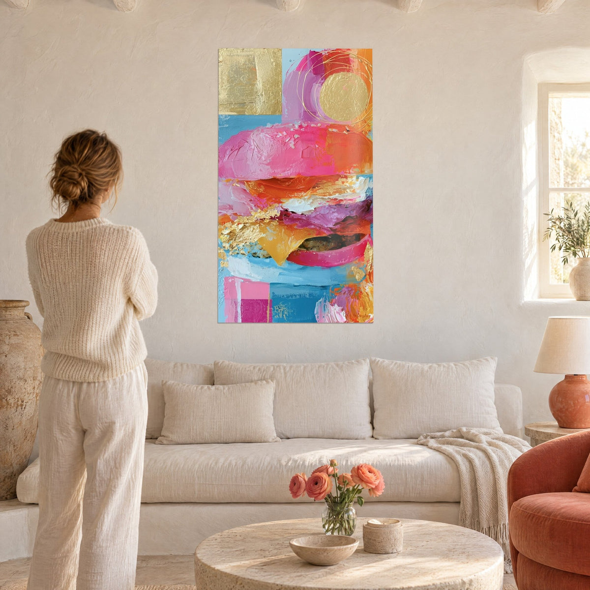 Tableau hamburger peint en rose bubblegum et bleu ciel, disque doré en relief, femme de dos, au-dessus d'un canapé dans un salon lumineux