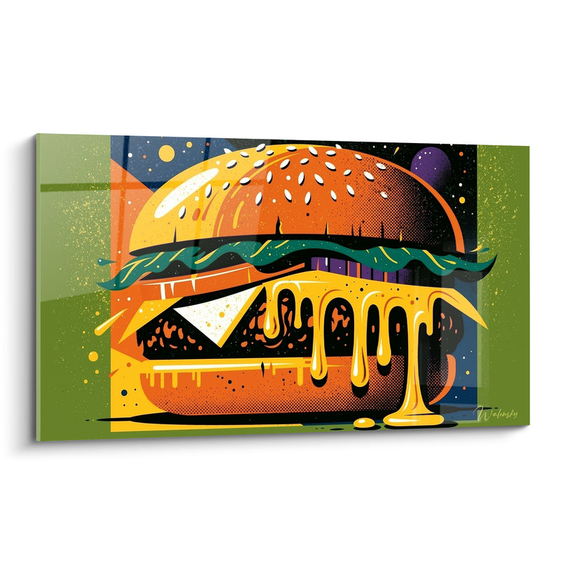 Tableau Cheeseburger orange et noir au fromage dégoulinant - Fond vert cosmique - Edition Burger