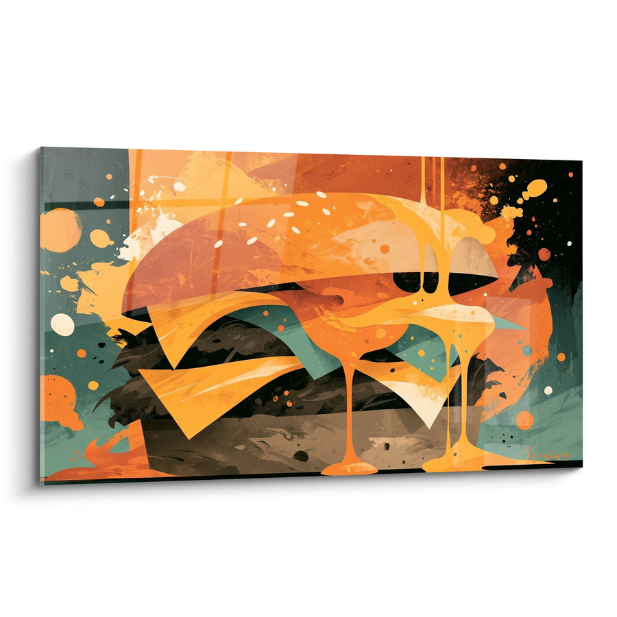 Tableau Burger orange et sarcelle au fromage dégoulinant - Éclaboussures de peinture abstraite - Edition Burger