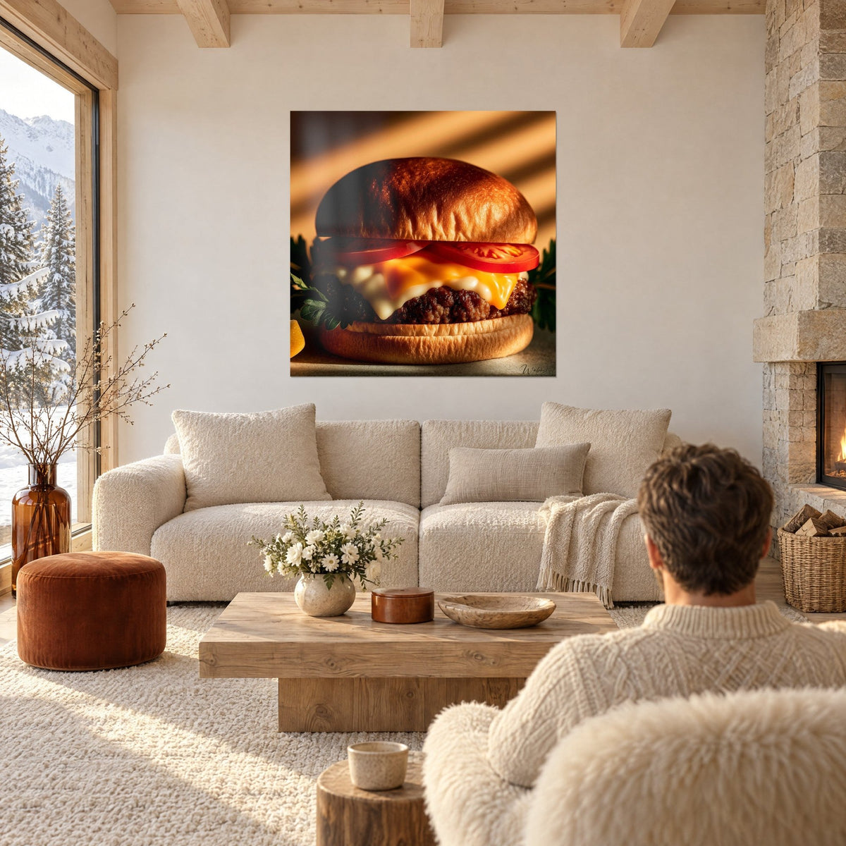 Quadro di cheeseburger con panino brioche dorato e pomodori rossi, striature di luce, sopra un divano in un soggiorno luminoso