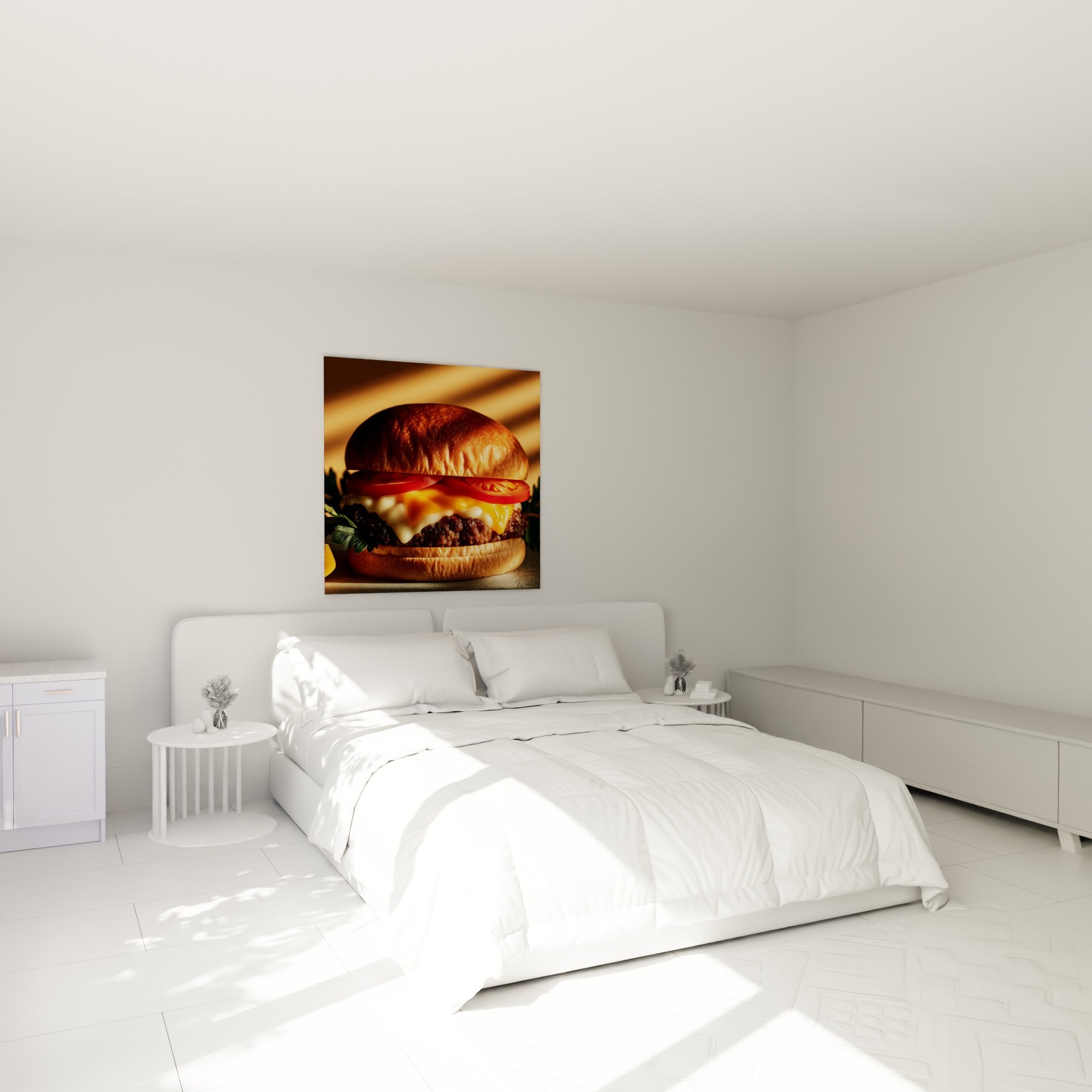 Burger fromage fondant orangé et tomate rouge, au-dessus d'un lit dans une chambre claire