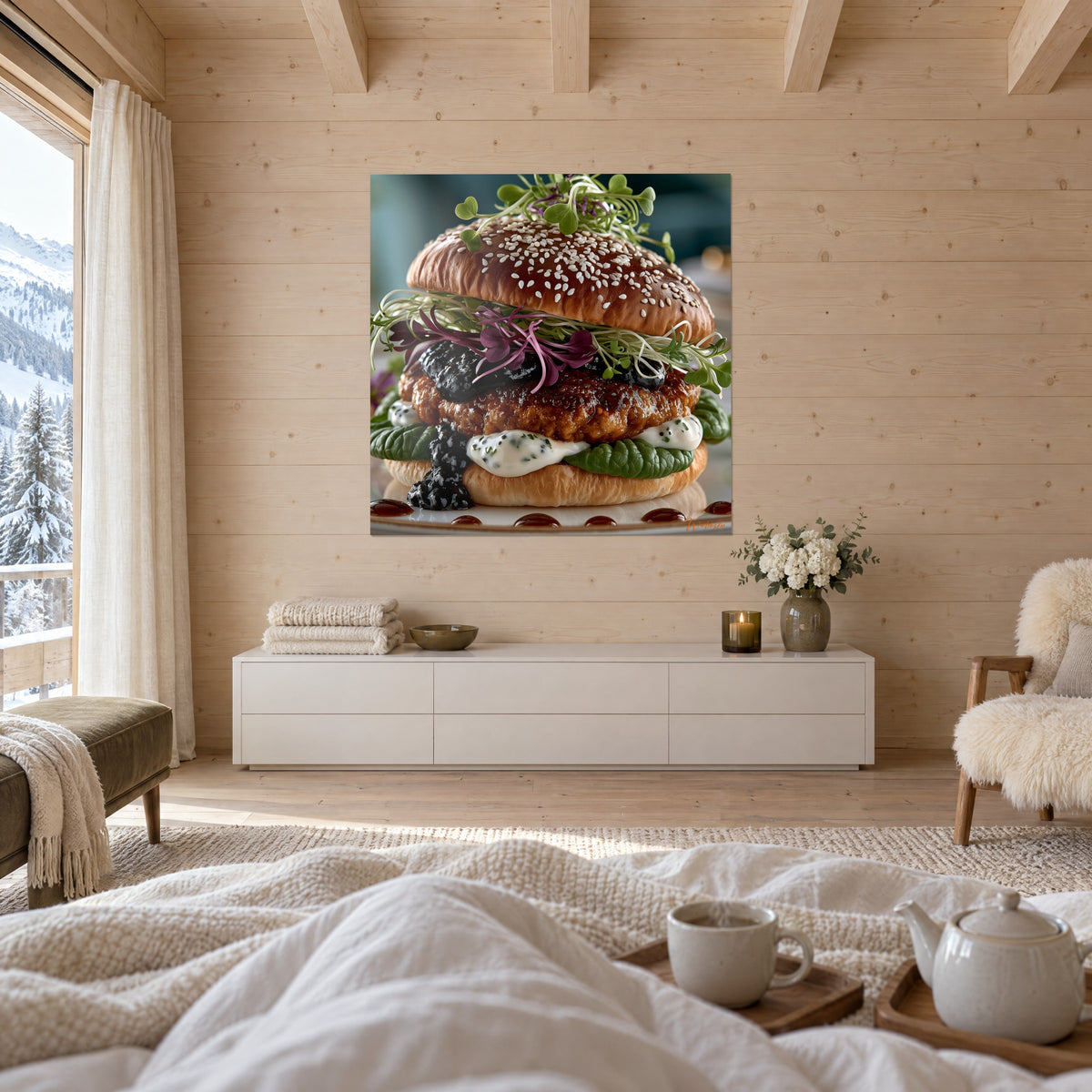 Tableau burger artisanal, pousses de radis violettes et confiture de mûres noire sur pain doré, au-dessus d'un lit dans une chambre claire