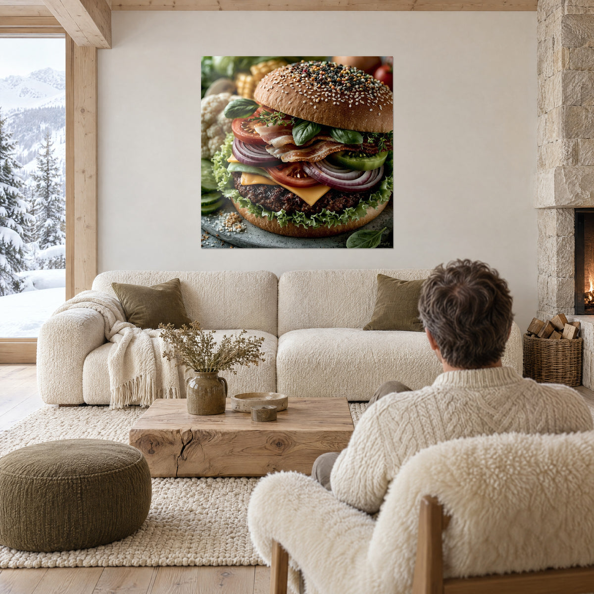 Πίνακας cheeseburger με σουσάμι και τραγανό μπέικον, καφέ ψωμί, κόκκινο κρεμμύδι, άτομο από πίσω, πάνω από καναπέ σε φωτεινό σαλόνι