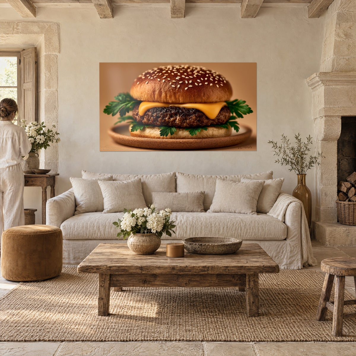 Tableau cheeseburger au pain brioché doré, cheddar fondant et feuilles de persil vert, au-dessus d'un canapé dans un salon lumineux
