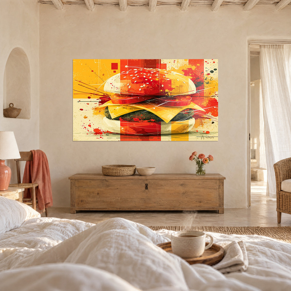 Πίνακας γραφικό hamburger, μαύρο μπιφτέκι και βαθυκόκκινη ντομάτα σε ωχρό φόντο, πάνω από κρεβάτι σε φωτεινό υπνοδωμάτιο