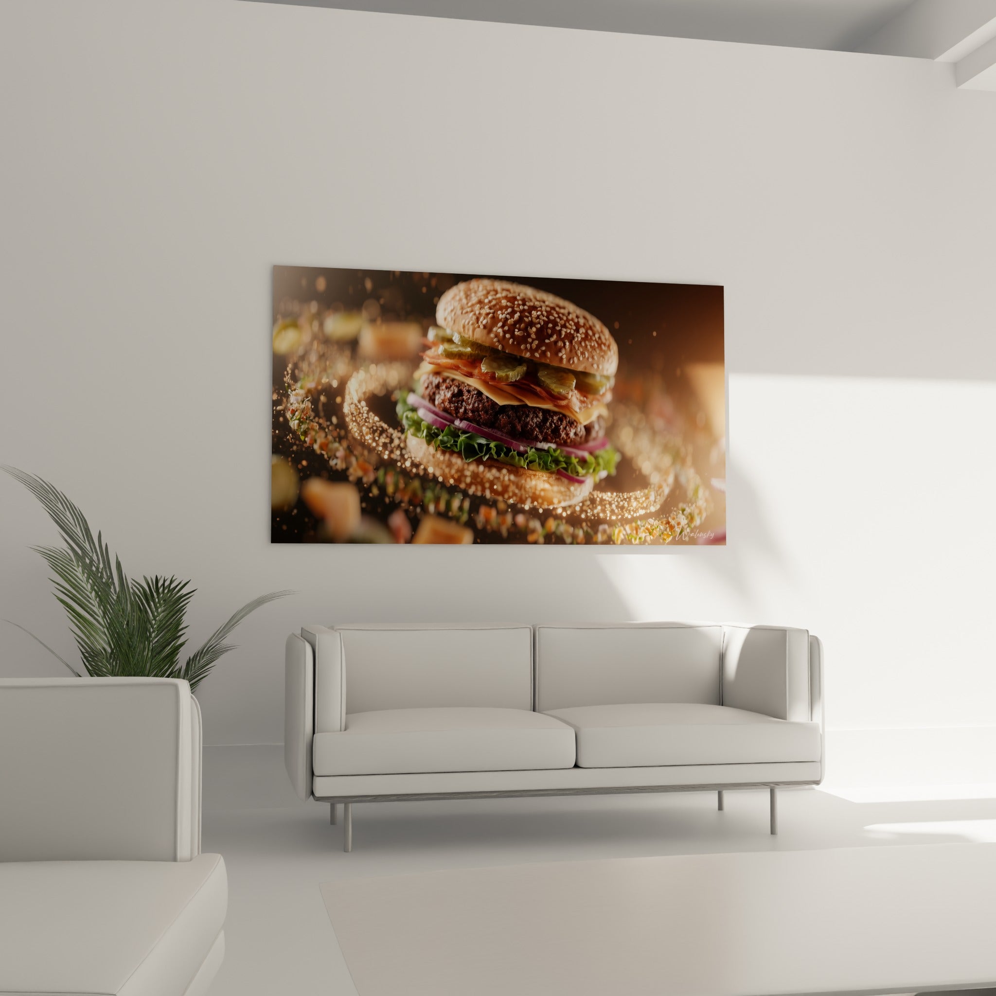 Ingrédients d'un burger en lévitation, pain sésame et salade verte, au-dessus d'un canapé dans un salon lumineux