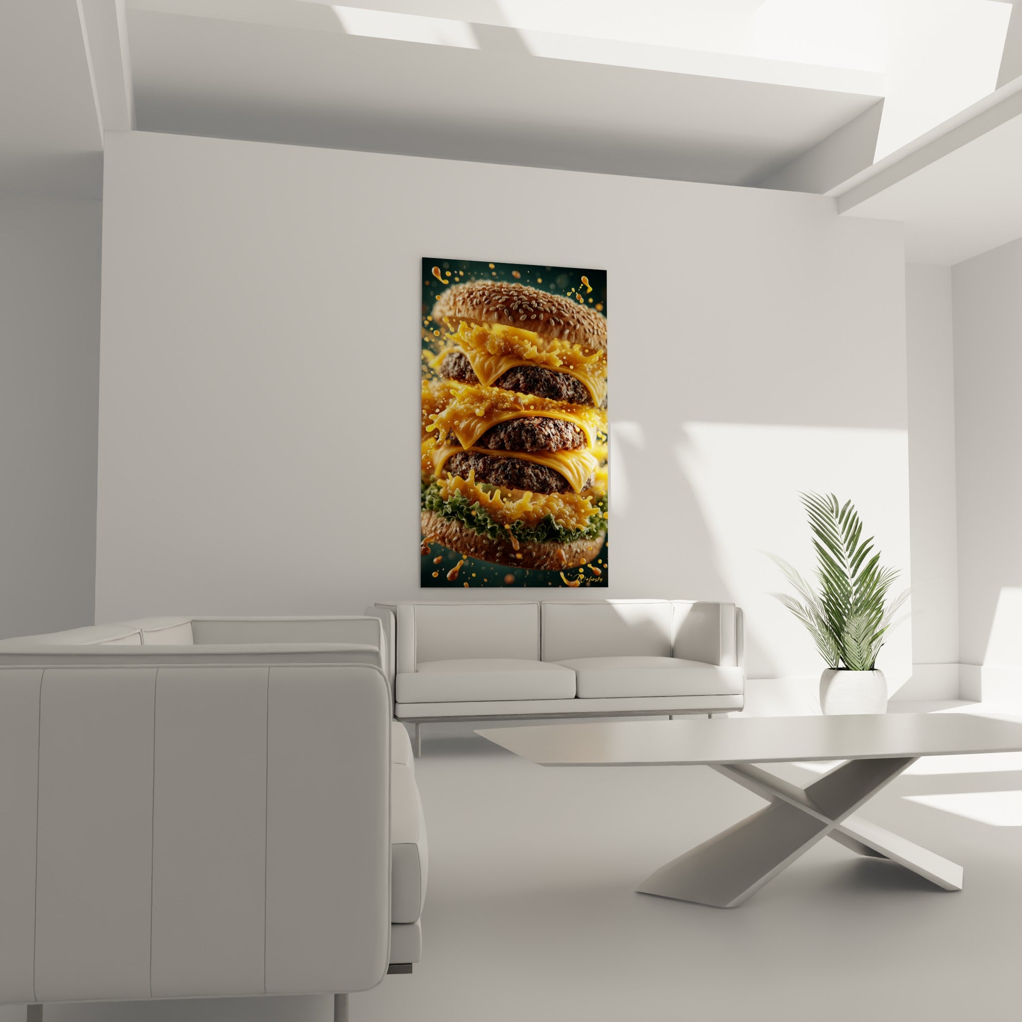 Pain brioché sésamé et coulures dorées du burger accrochées au-dessus d'un canapé dans un salon lumineux
