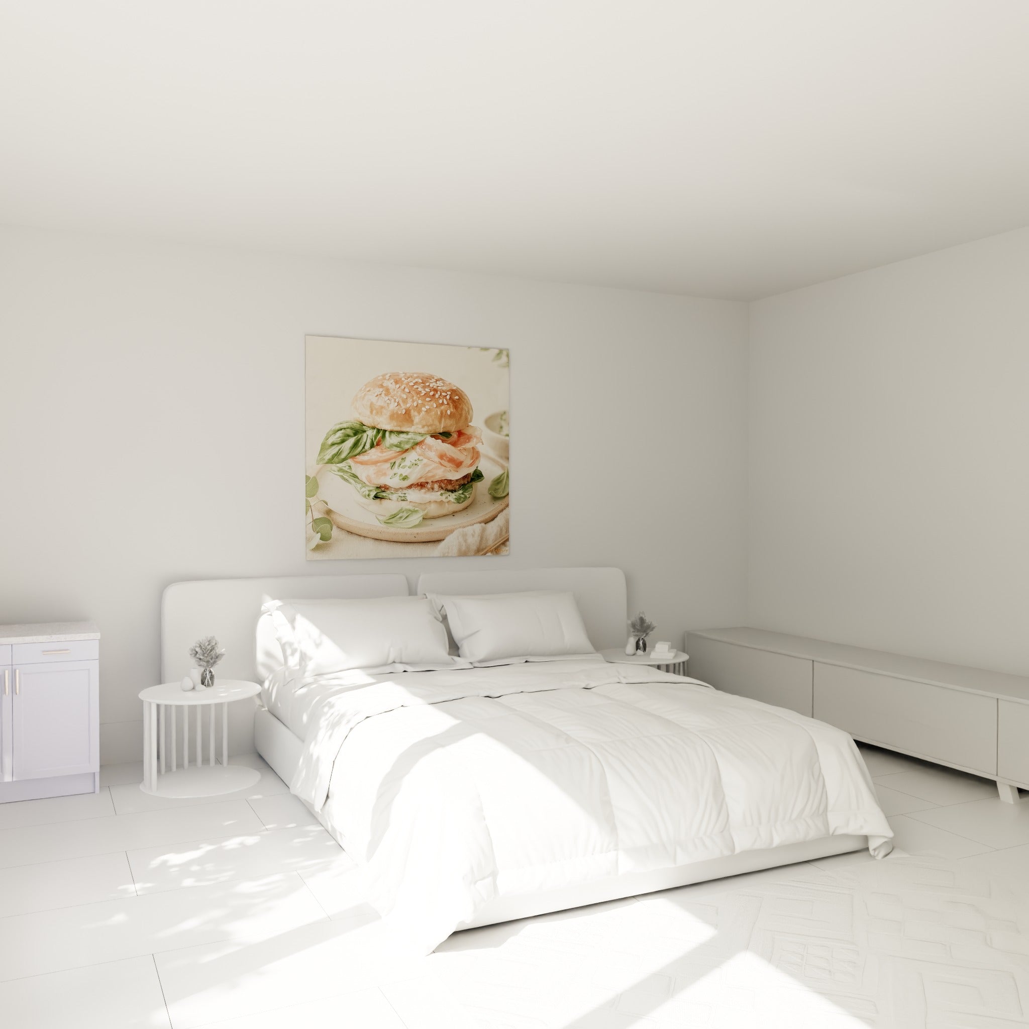 Sésame doré et basilic vert composent ce burger accroché au-dessus d'un lit dans une chambre claire