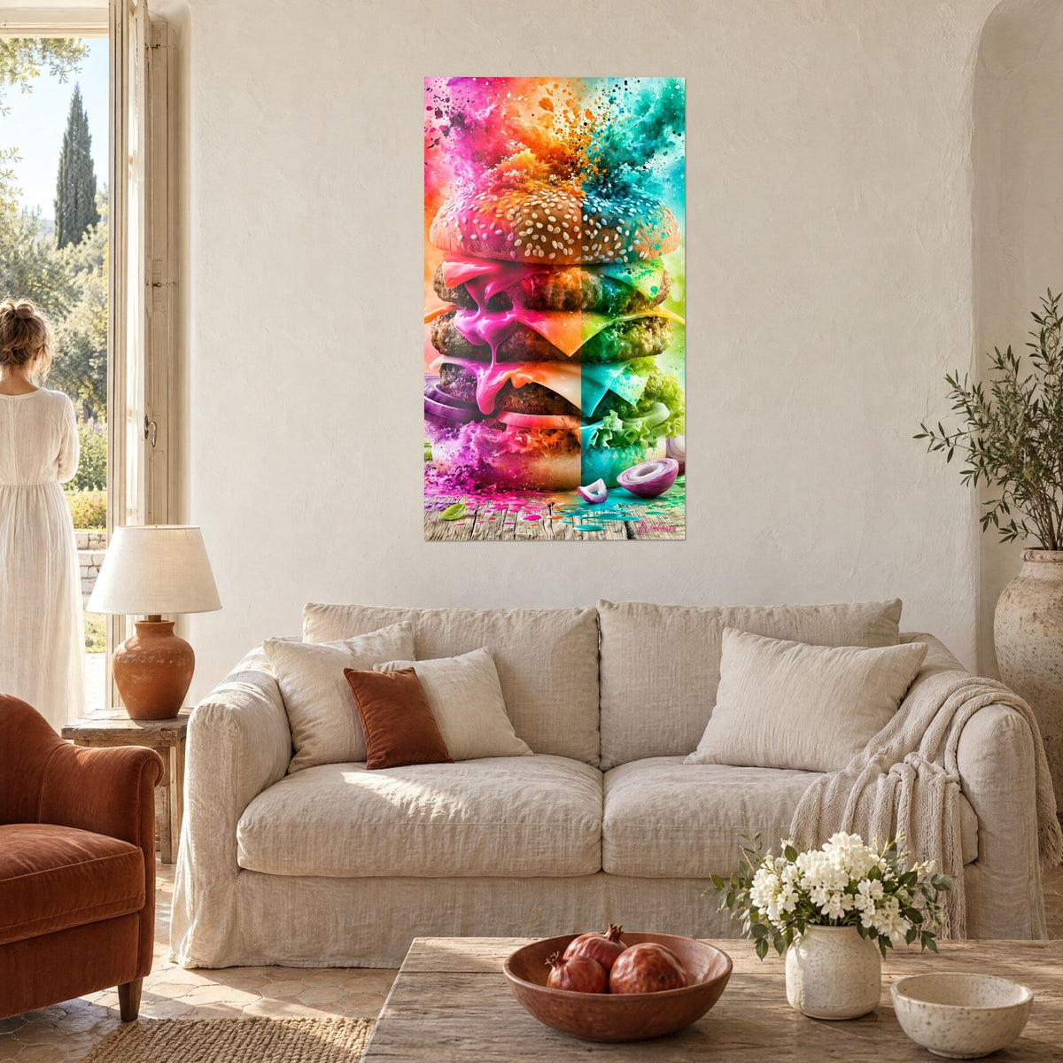 Quadro hamburger gigante, metà rosa fucsia e metà turchese, formaggio fuso che cola, sopra un divano in un soggiorno luminoso