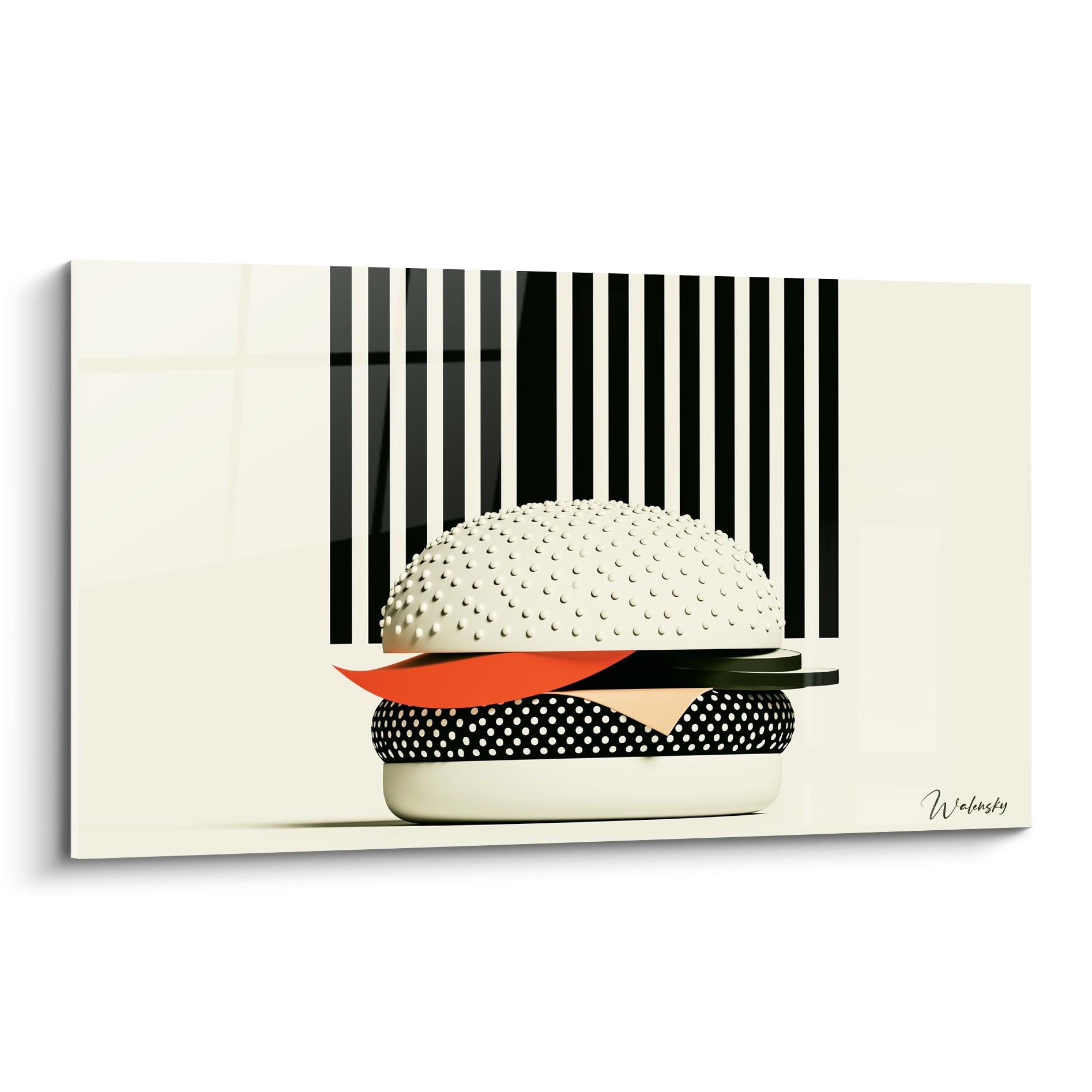 Burger blanc texturé sur fond crème, base à pois noirs et blancs, garniture orange vive