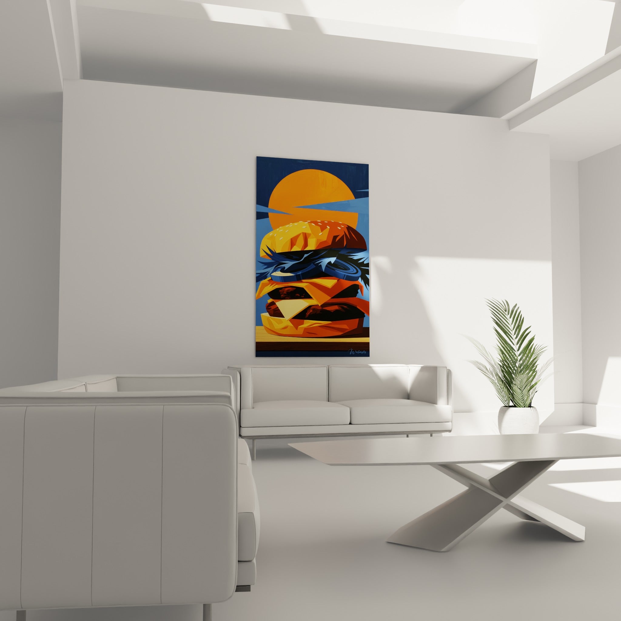 Sandwich graphique aux couches oranges et bleutées au-dessus d'un canapé dans un salon lumineux
