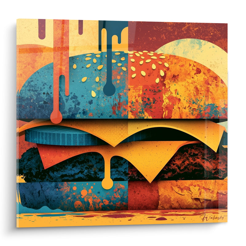 Tableau Burger bleu et orange aux textures éclatées - Fromage triangulaire dégoulinant - Edition Burger