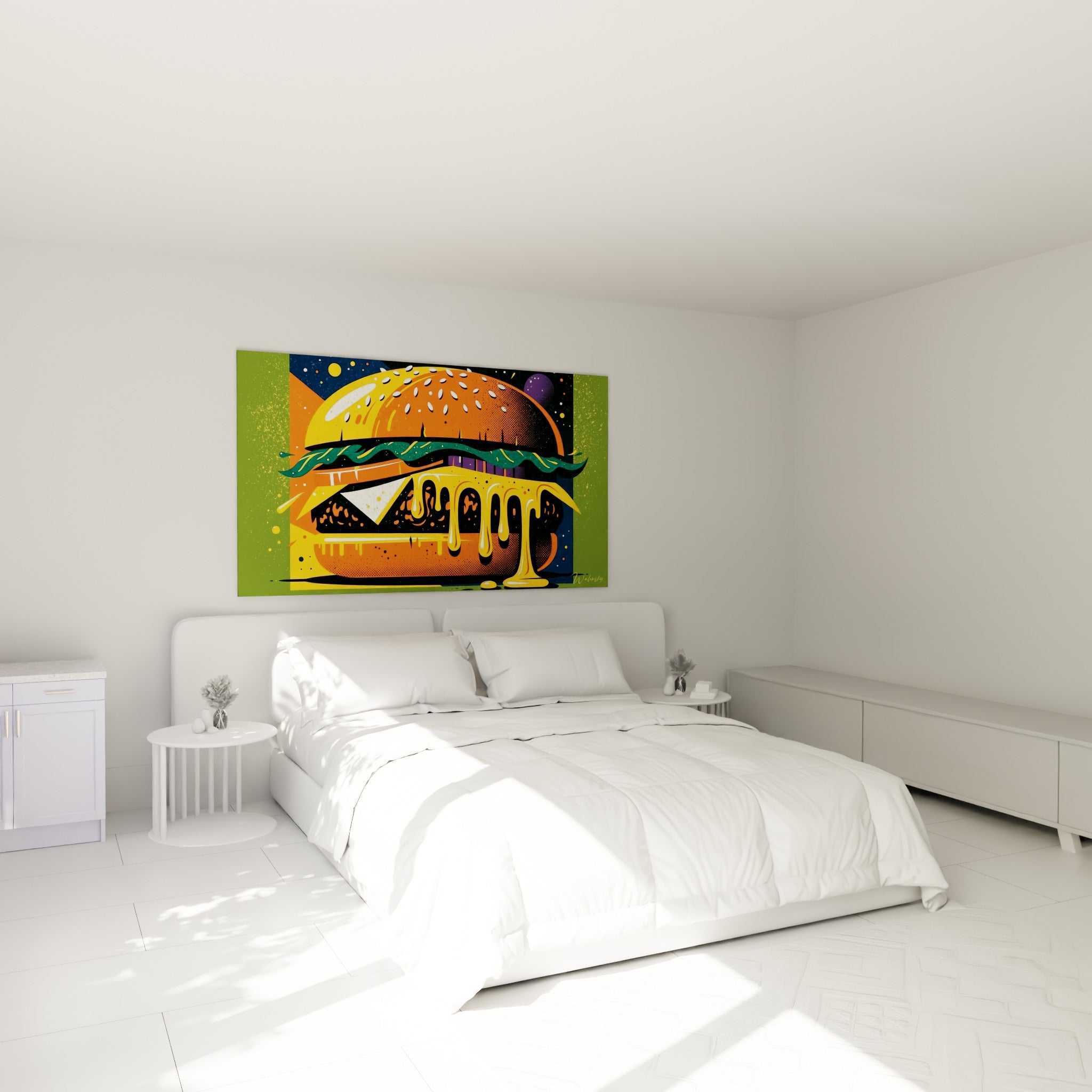 Sandwich pop art orange et vert aux coulures dorées, accroché au-dessus d'un lit dans une chambre claire