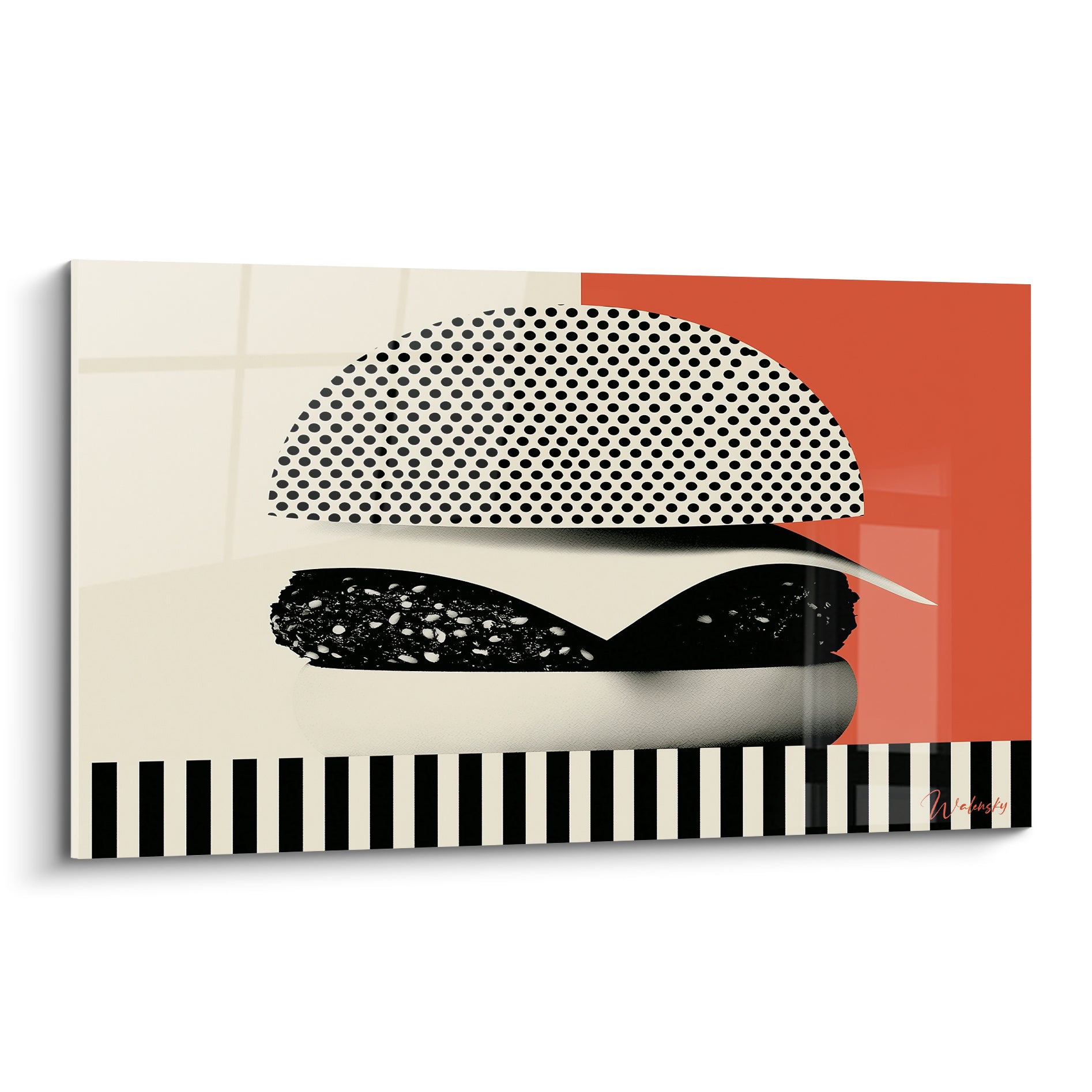 Burger pop art noir, blanc et corail aux motifs pointillés sur fond bicolore graphique