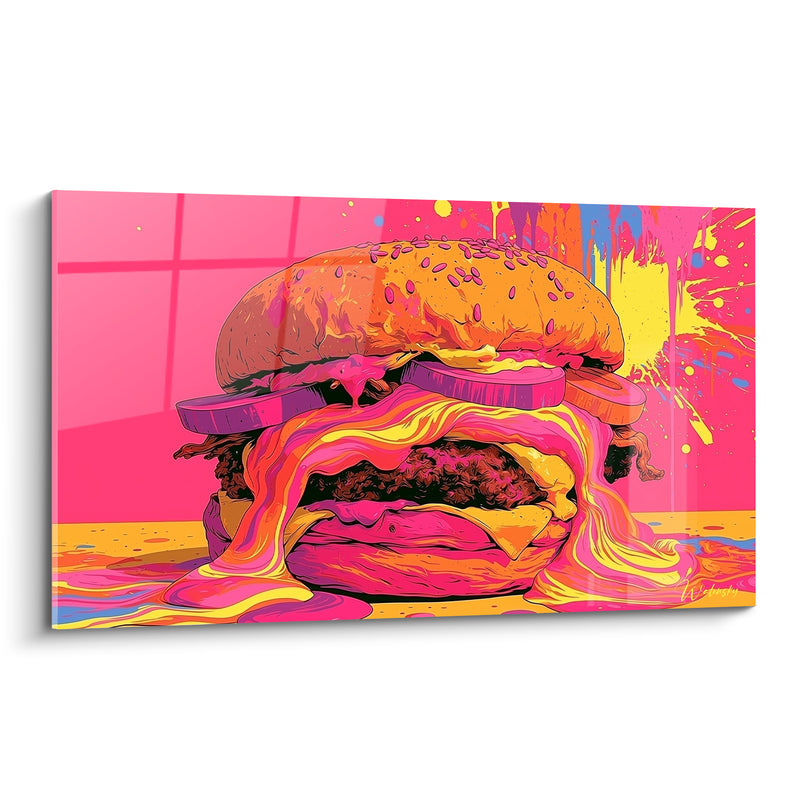 Tableau Burger fondant rose et jaune éclaboussé - Éruption gourmande - Edition Burger