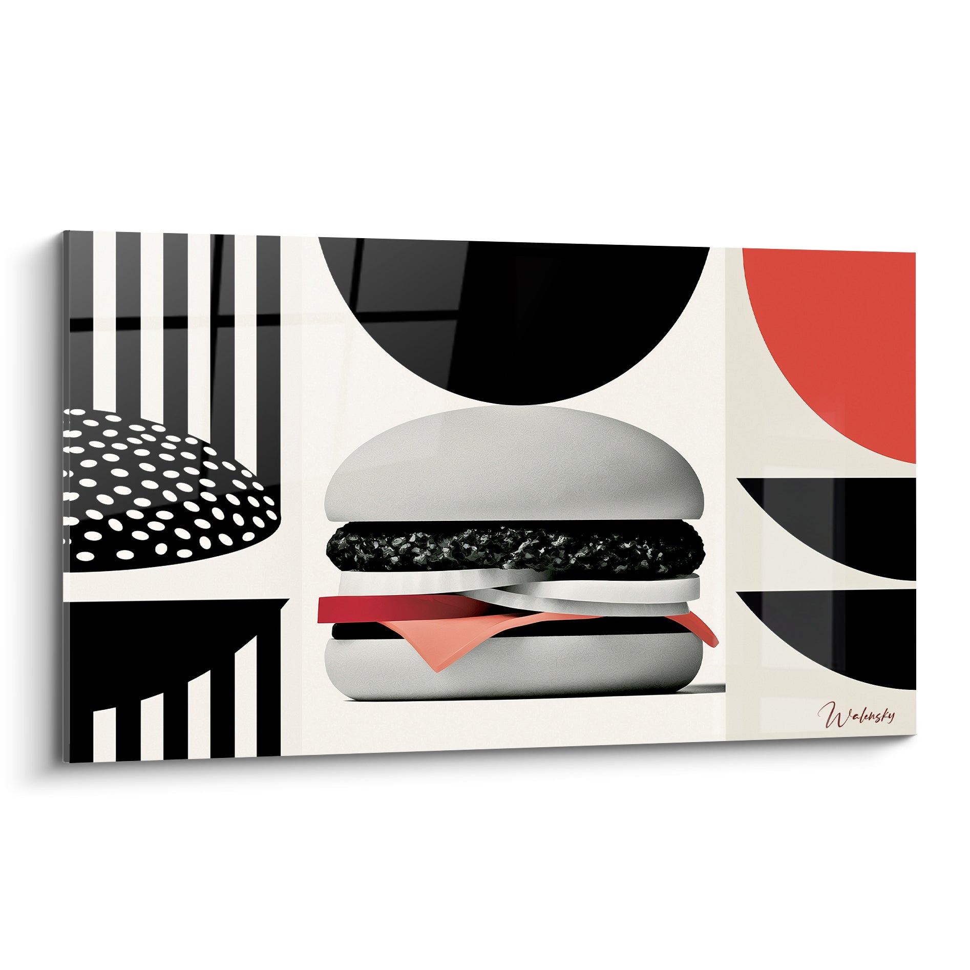 Burger blanc et noir aux formes pop art rouge corail et motifs géométriques contrastés