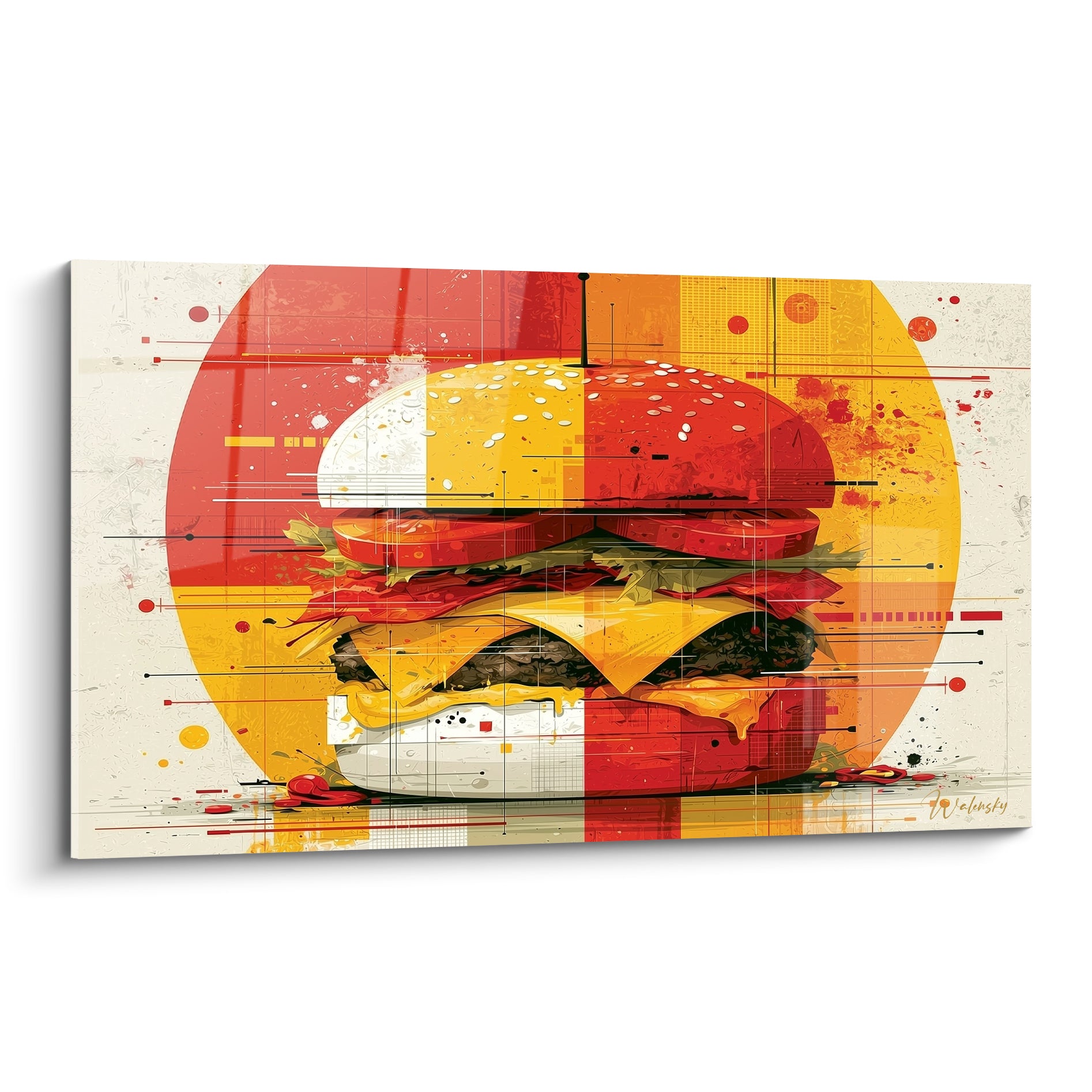 Burger géant coupé en couches, fond circulaire rouge tomate et jaune moutarde façon pop art