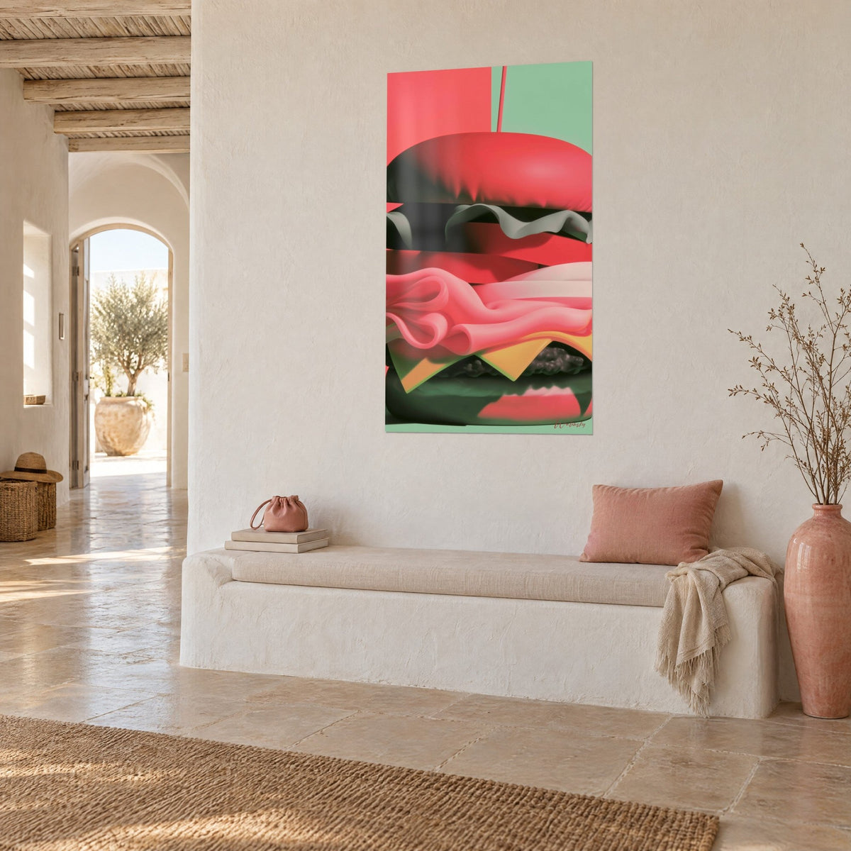 Wall art pop art burger, scarlet bun, grey-green lettuce and yellow cheese, on a whitewashed wall of a Mediterranean house