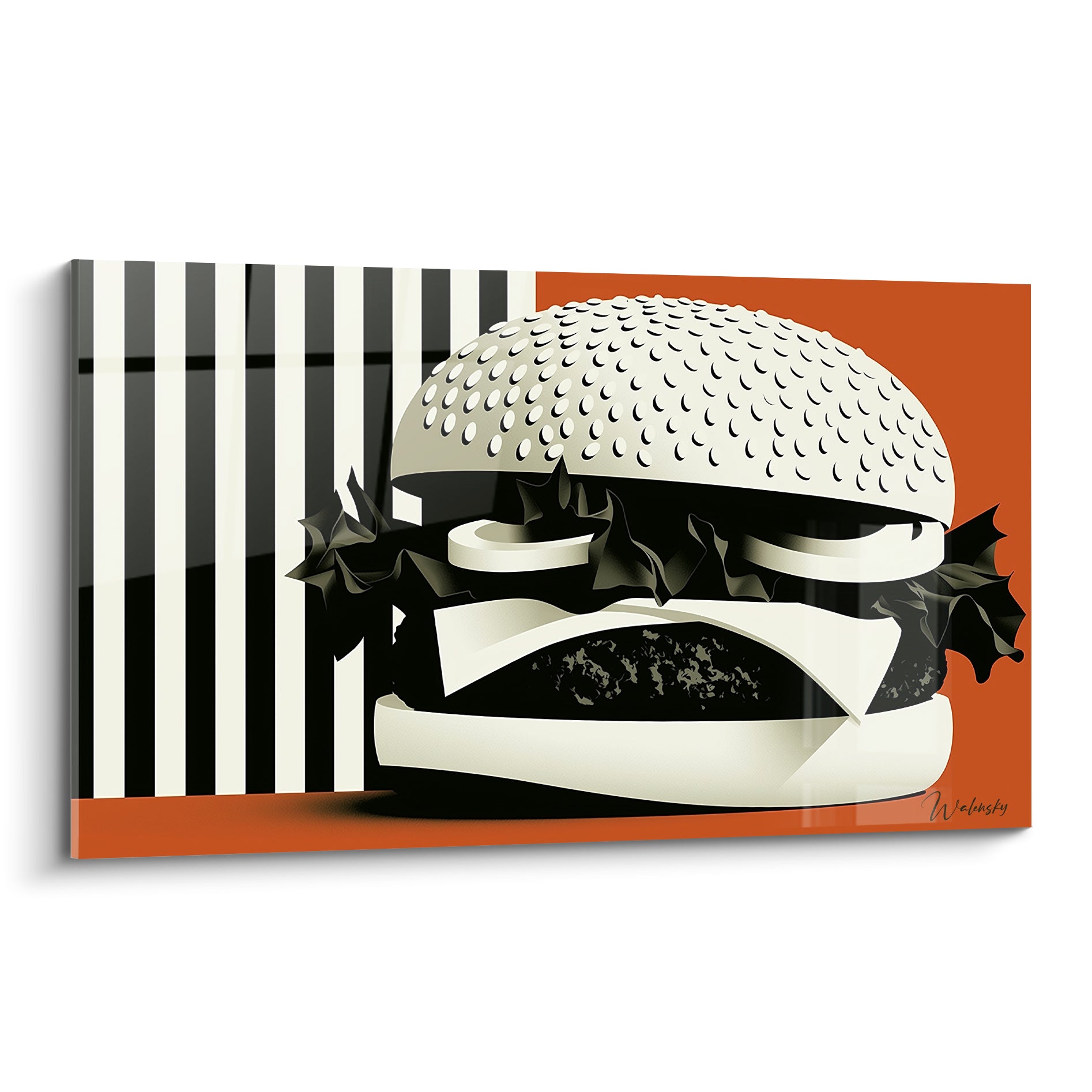 Burger géant blanc cassé et noir sur fond terracotta rayé, style pop art graphique