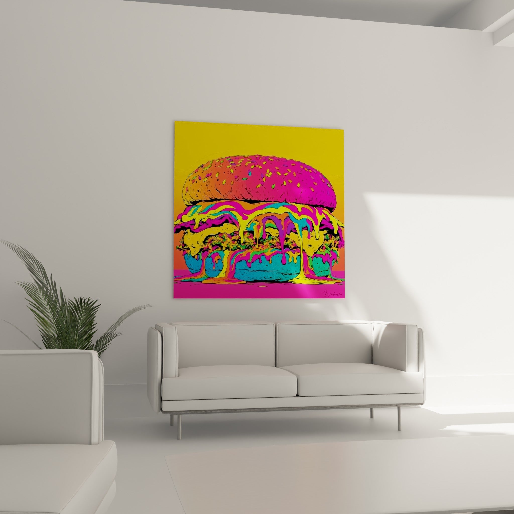Burger dégoulinant jaune et violet accroché au-dessus d'un canapé dans un salon lumineux