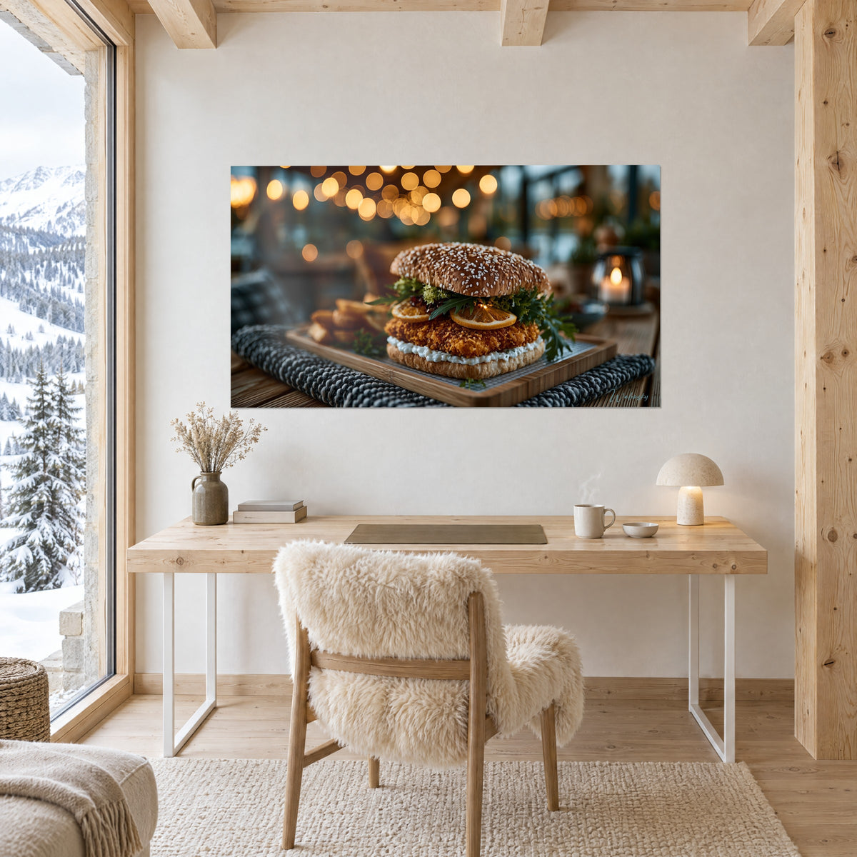 Obraz Wykwintny burger z bursztynowymi plasterkami cytrusów i zieloną sałatą, zapalona świeca, na ścianie biura z jasnego drewna