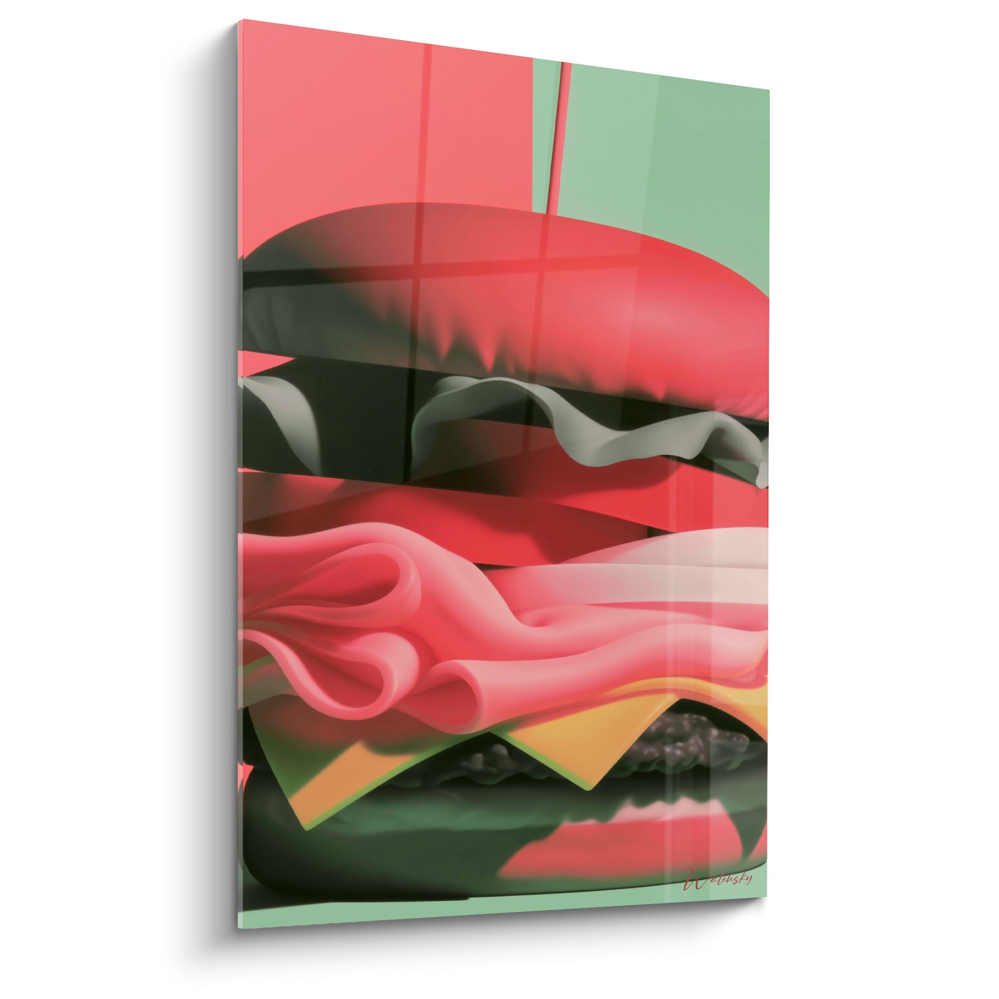 Burger stylisé rose corail et vert menthe, courbes ondulantes et ombres anthracite marquées