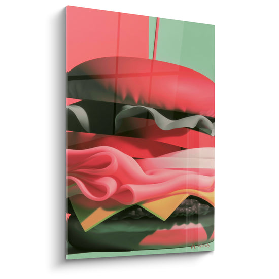 Burger stylisé rose corail et vert menthe, courbes ondulantes et ombres anthracite marquées