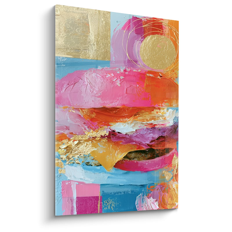 Tableau Burger rose et bleu au disque doré texturé - Cercles filaires dorés - Edition Burger