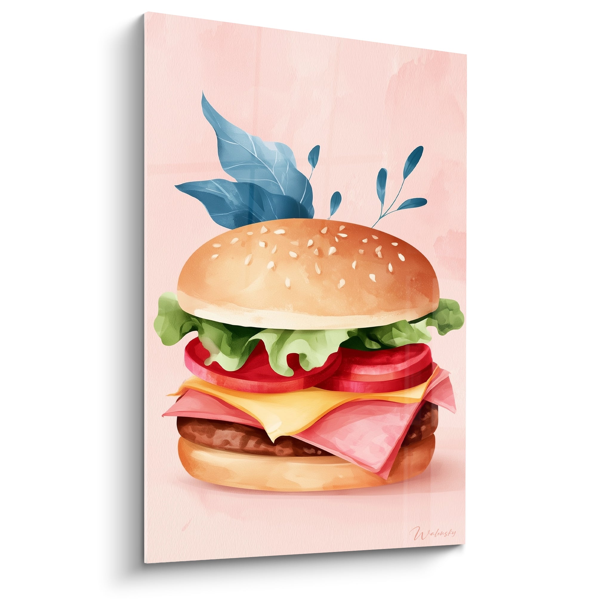 Burger rose pastel aux feuillages bleu marine peint en aquarelle sur fond rosé délicat