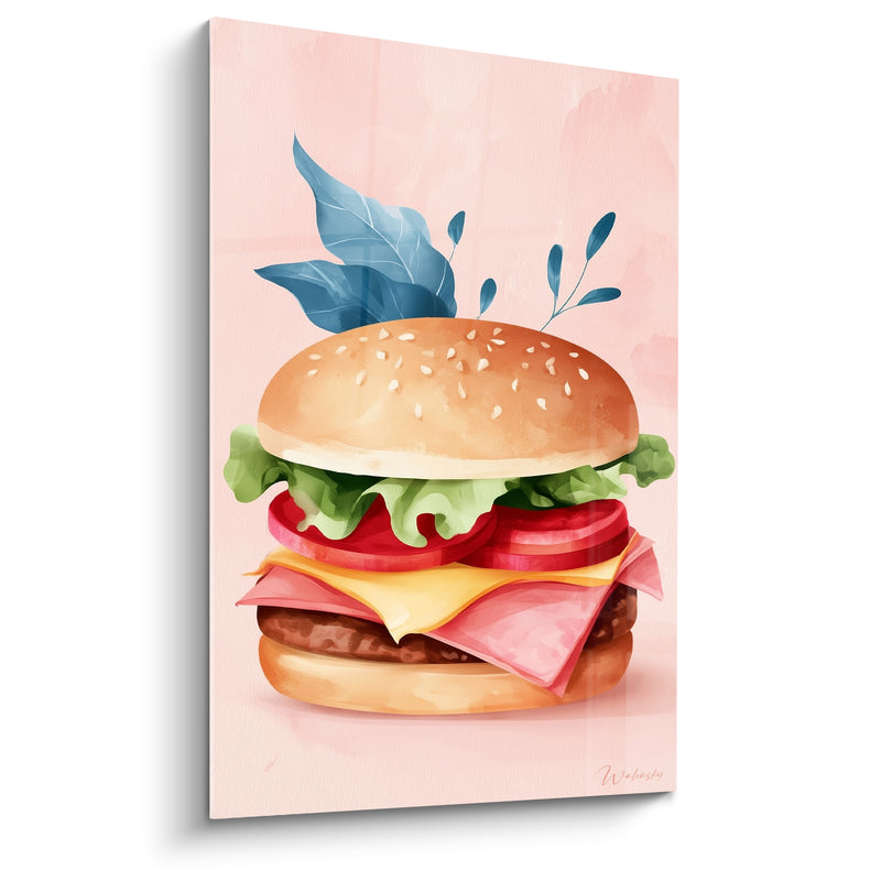 Tableau Cheeseburger doré et rose aux feuilles bleu pétrole - Tranches de jambon plié - Edition Burger