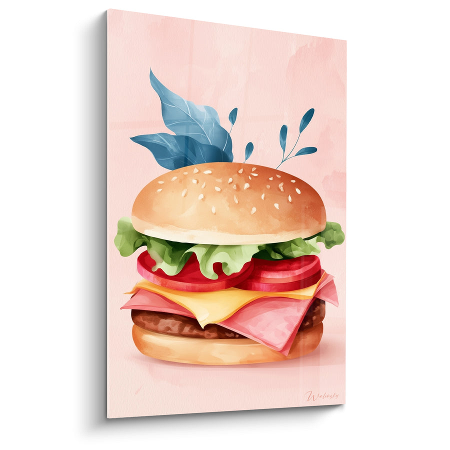 Tableau Cheeseburger doré et rose aux feuilles bleu pétrole - Tranches de jambon plié - Edition Burger