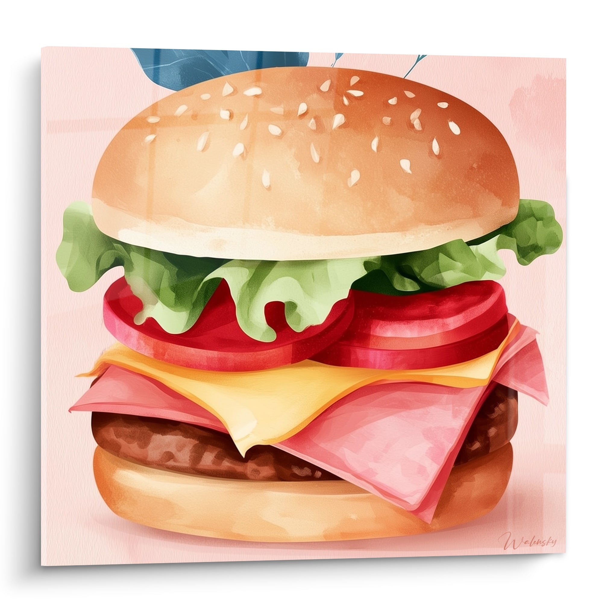 Burger illustré au fond rose pastel, pain doré, tomate rouge et fromage jaune fondu