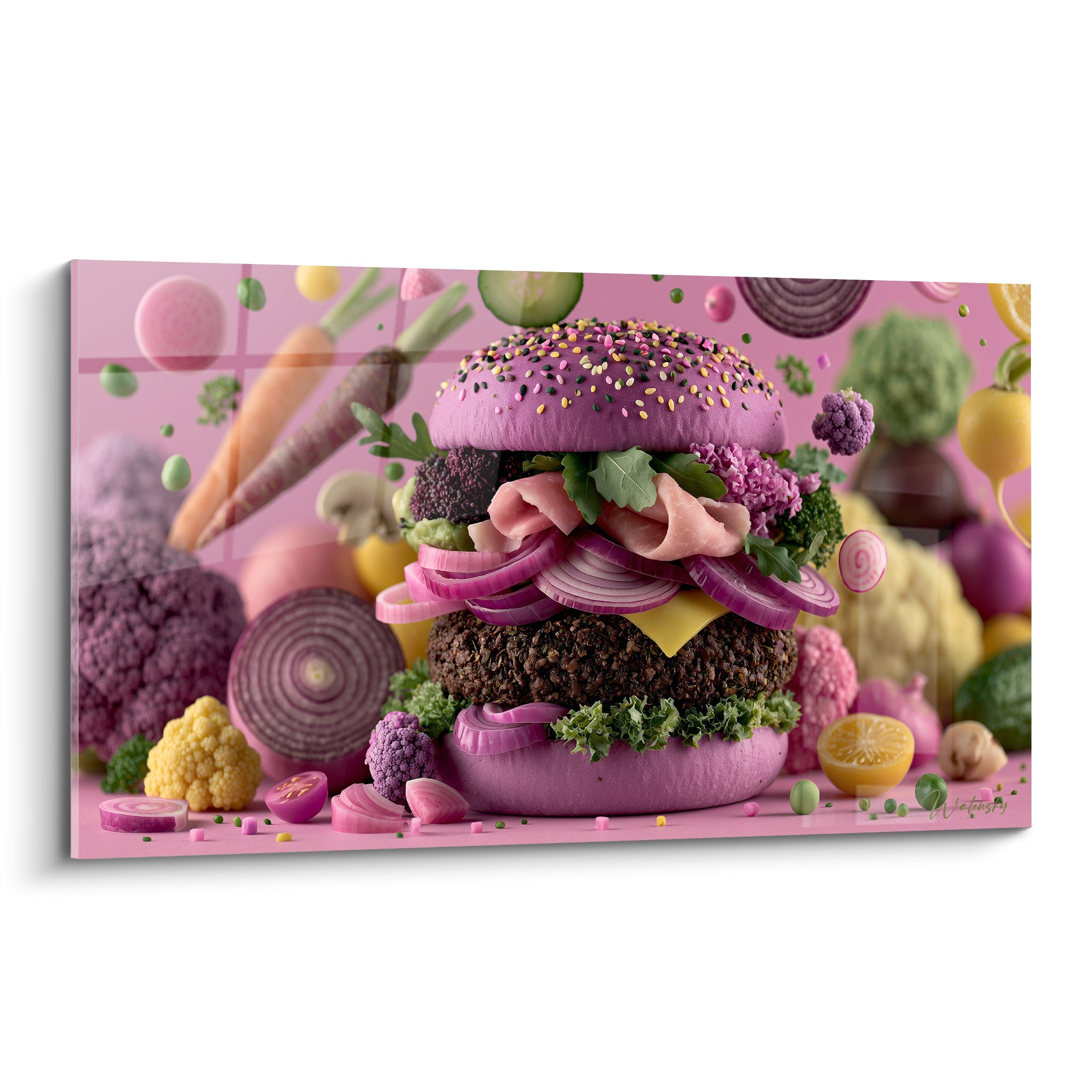 Burger rose et violet garni d'oignons rouges et de fromage jaune, entouré de légumes flottants