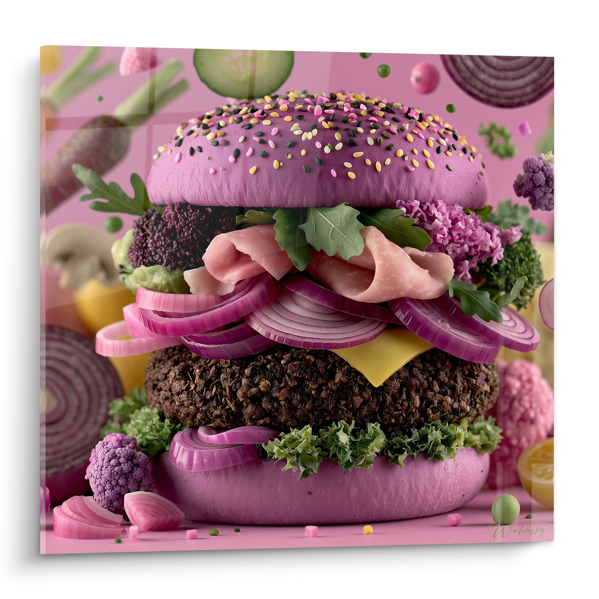 Burger rose et violet garni d'oignons et de fromage jaune, traitement hyperréaliste sur fond rose