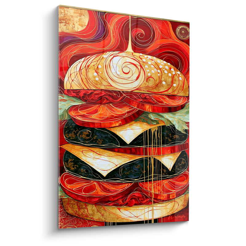 Tableau Burger doré aux volutes rouges tourbillonnantes - Festin flamboyant - Edition Burger