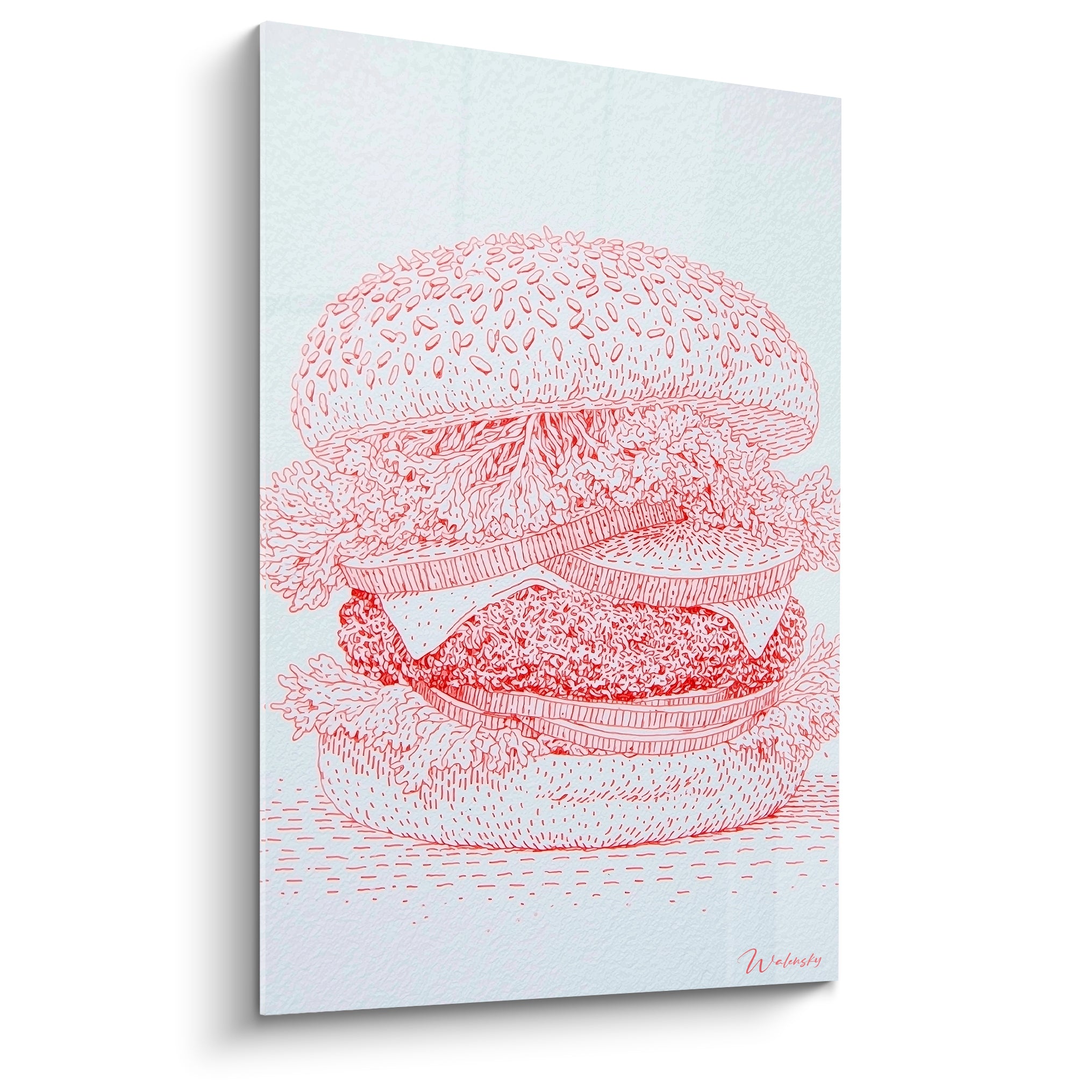 Burger rouge esquissé sur fond blanc, steak et salade en traits fins et hachures