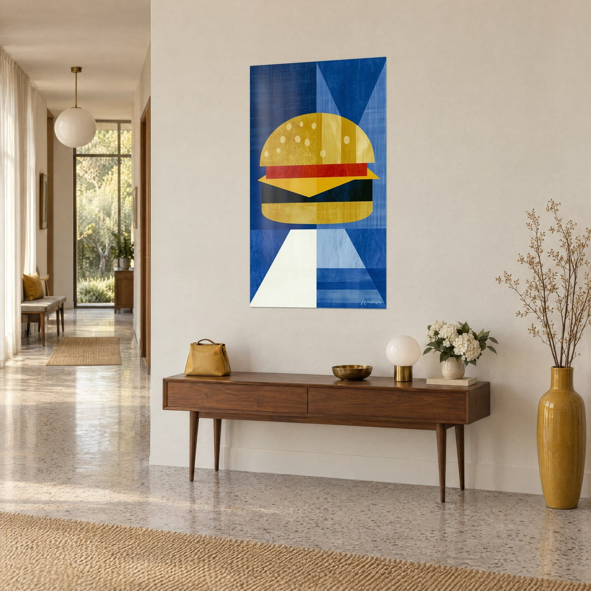 Wall art stylized hamburger, golden bun topped with cream sesame seeds, yellow cheese wedge, royal blue triangles, wooden hallway console
