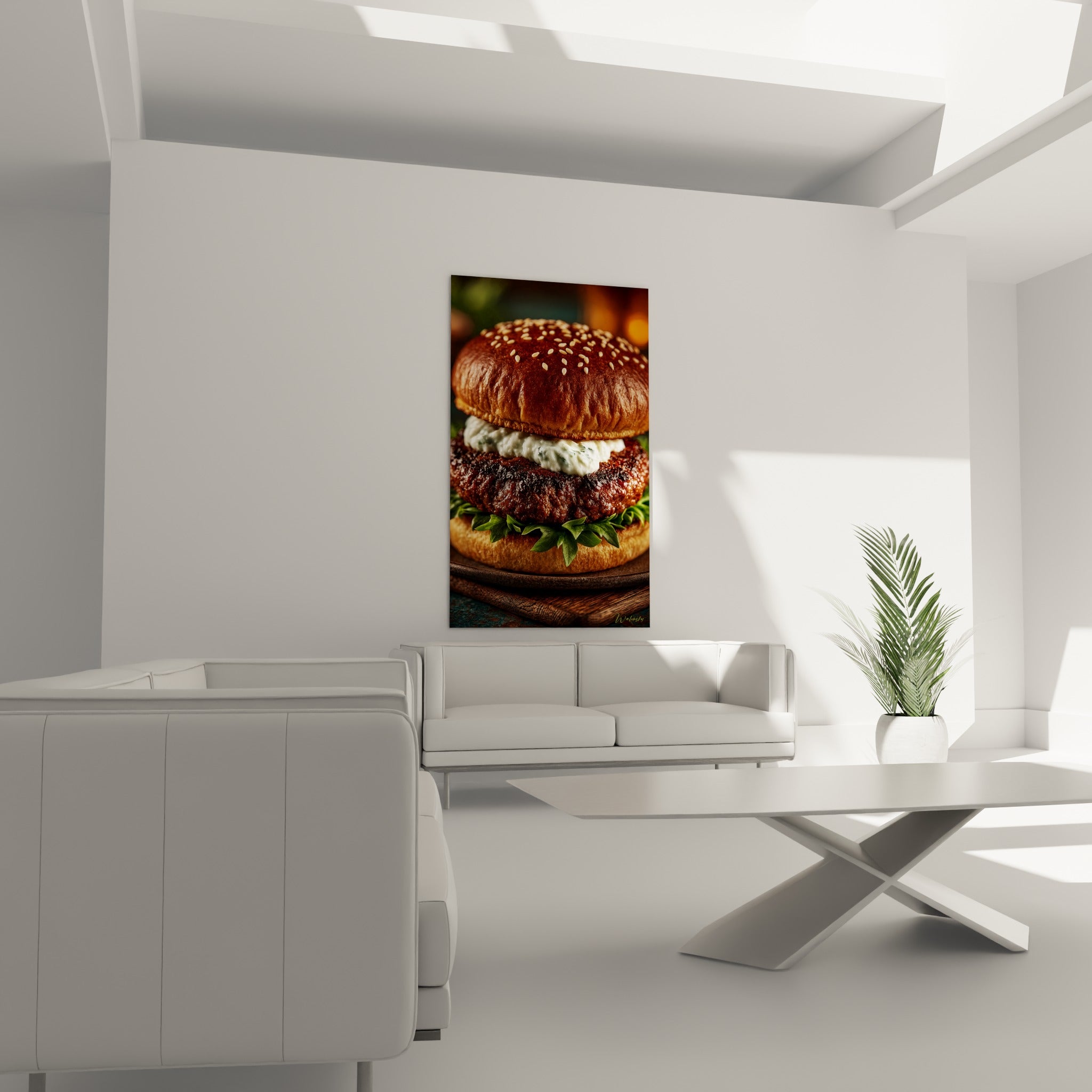 Pain brioché caramélisé et salade verte fraîche du burger, au-dessus d'un canapé dans un salon lumineux