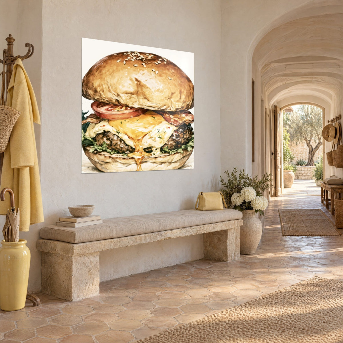 Tableau cheeseburger illustré, fromage jaune coulant sur le steak et le bacon, vu de trois-quarts dans un couloir voûté de mas provençal