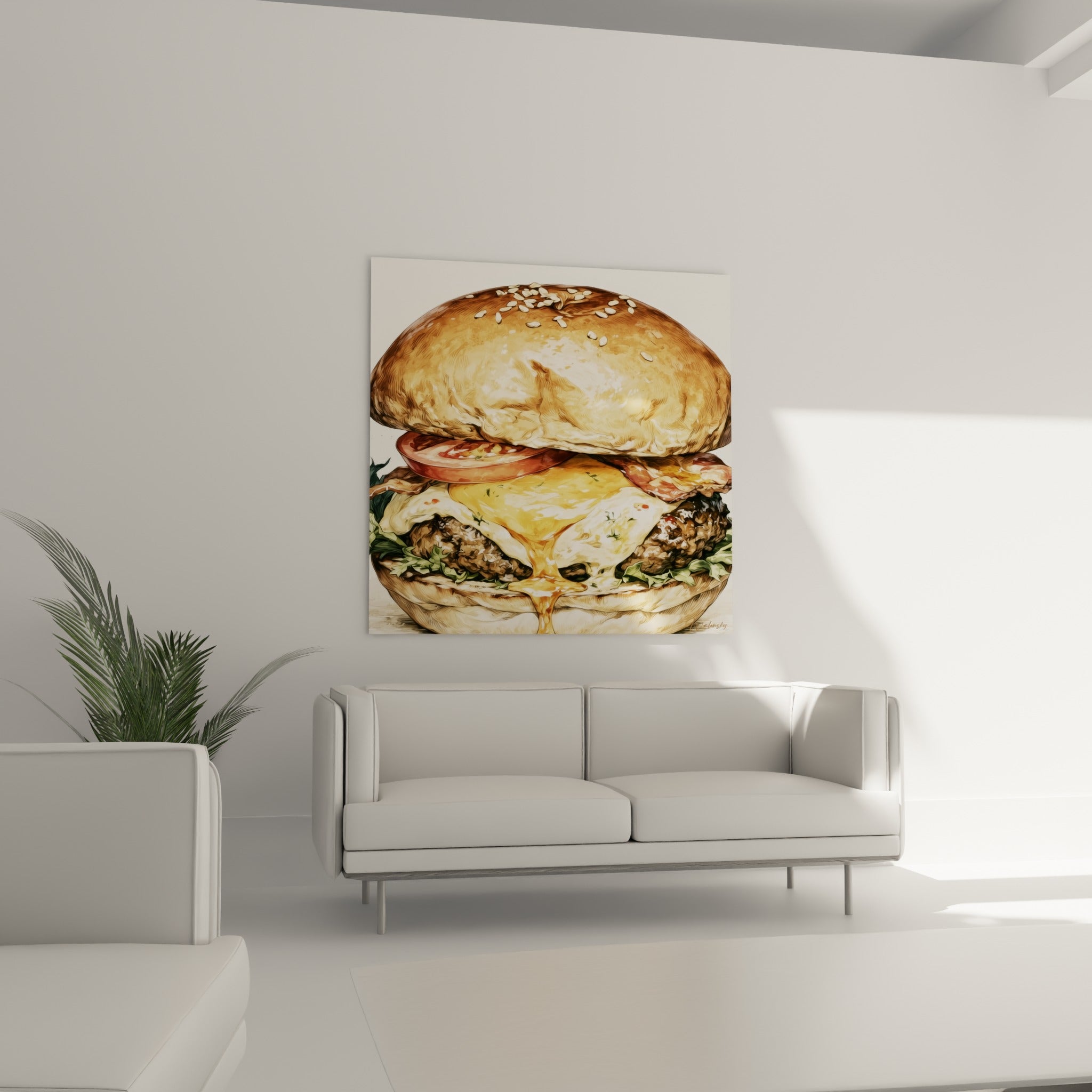 Burger fromage fondant et salade verte fraîche, suspendu au-dessus d'un canapé dans un salon lumineux