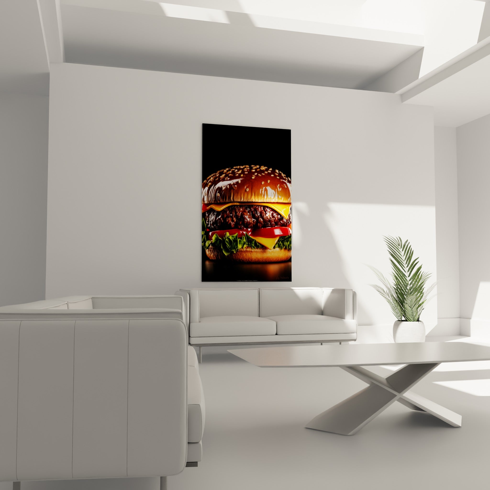 Sandwich gourmand doré et vert salade, accroché au-dessus d'un canapé dans un salon lumineux