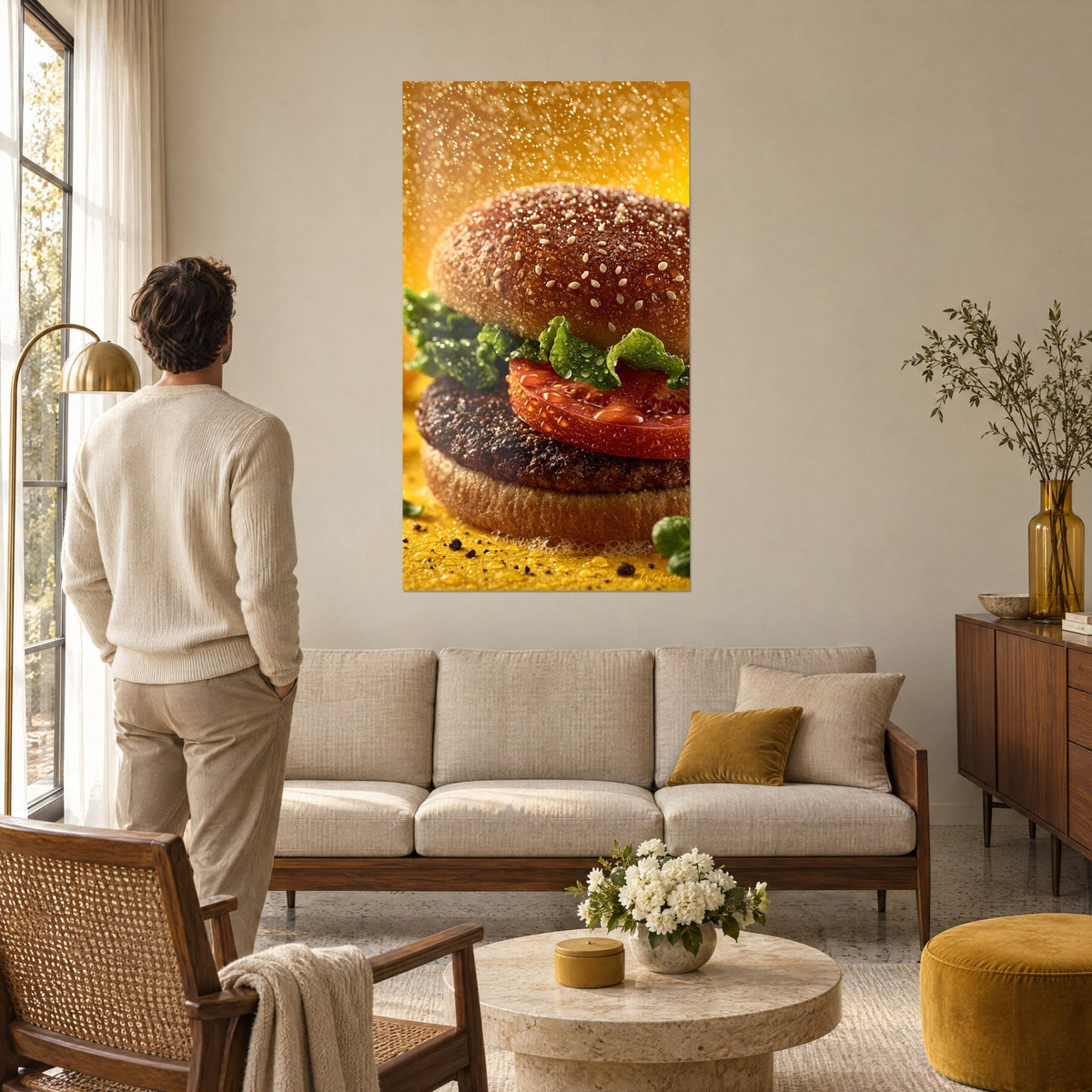 Wall art close-up cheeseburger, golden sesame bun and red tomato under a amber drizzle, hung above a sofa in a bright living room
