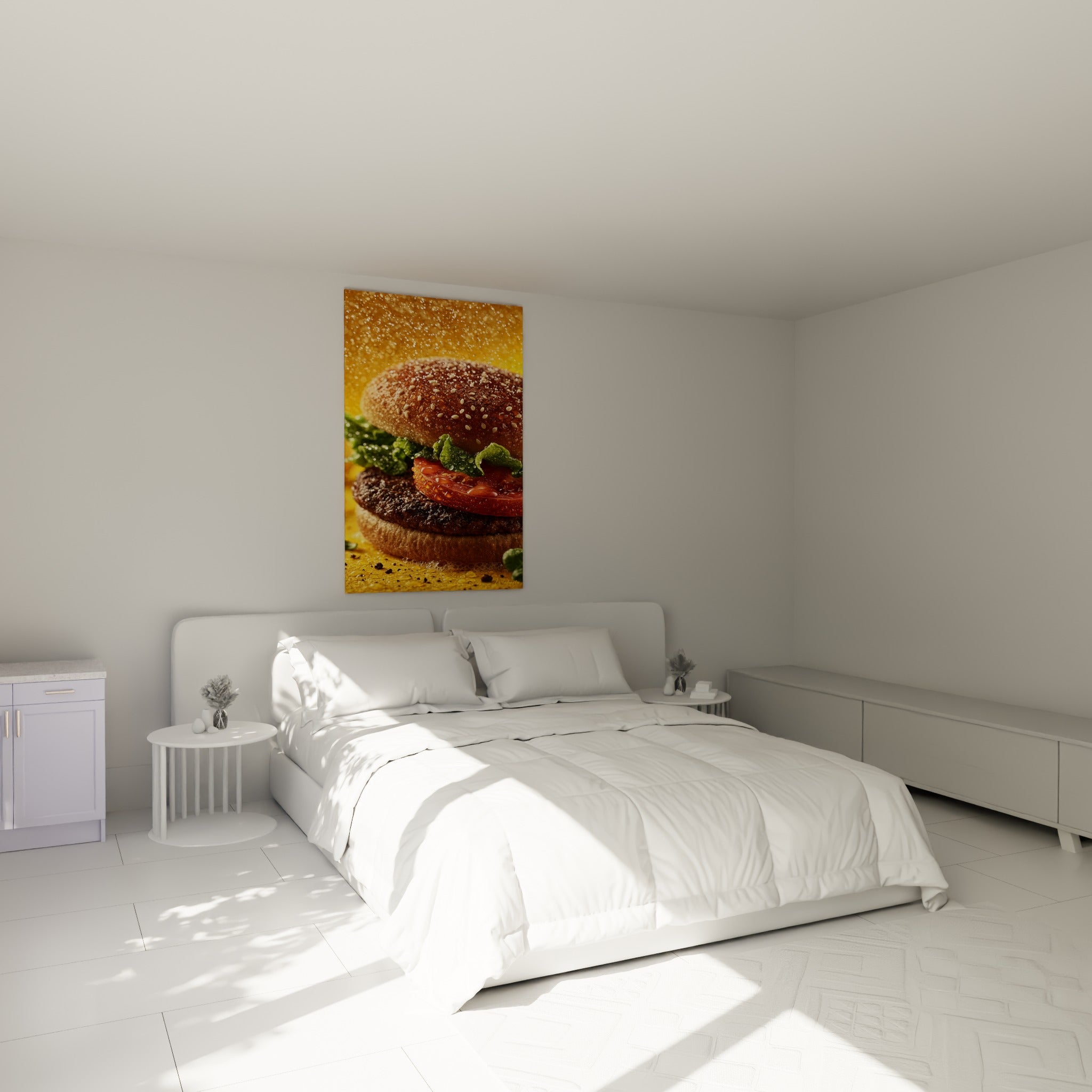 Burger juteux aux tons dorés et rouges accroché au-dessus d'un lit dans une chambre claire
