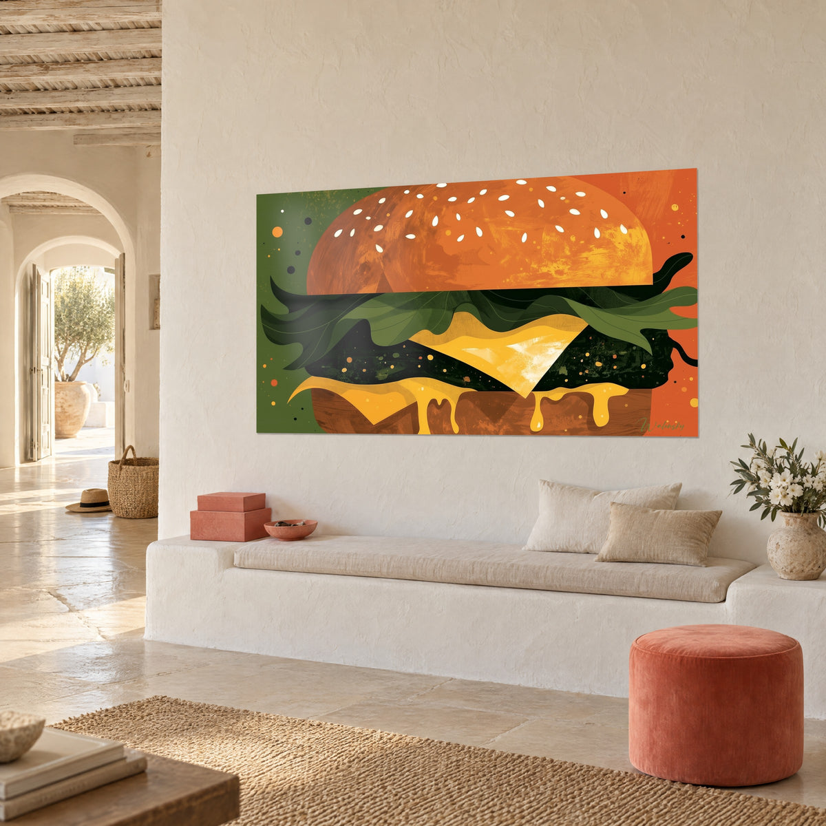 Tableau hamburger stylisé, pain orange brûlé, feuilles vert sapin et fromage triangulaire jaune, mur blanc d'une maison méditerranéenne